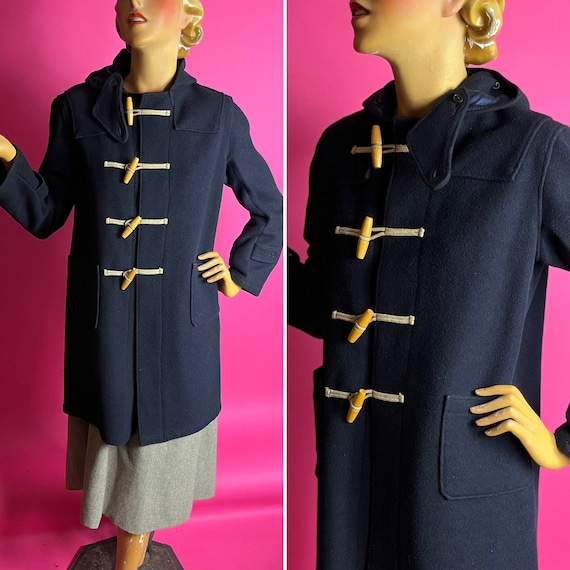 1940s Navy Blue Wool Duffle Coat, Wood Toggles, Rope Loops, Hood