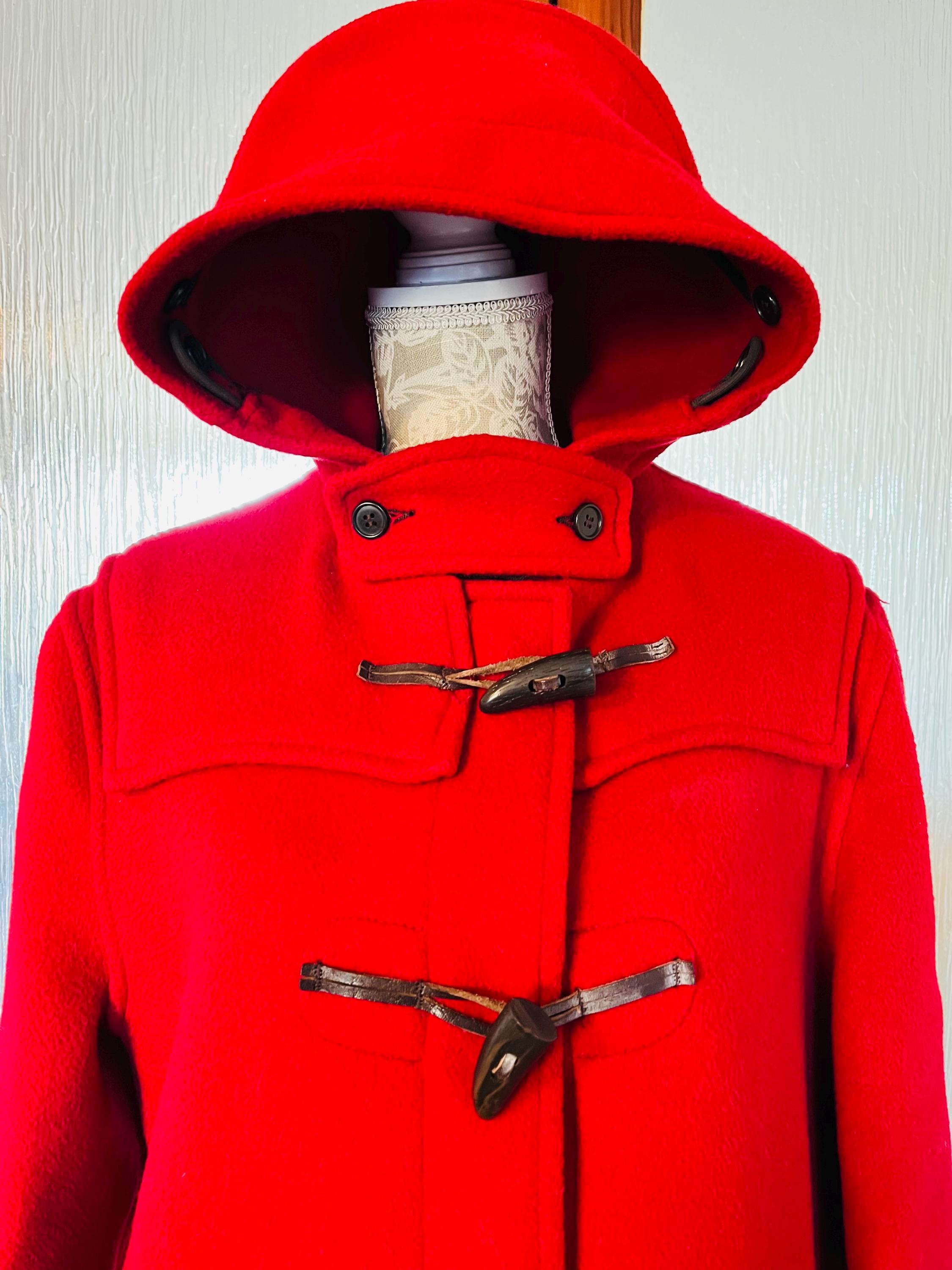 Vintage Duffle Coat: Red Wool Hooded Overcoat, Made in England