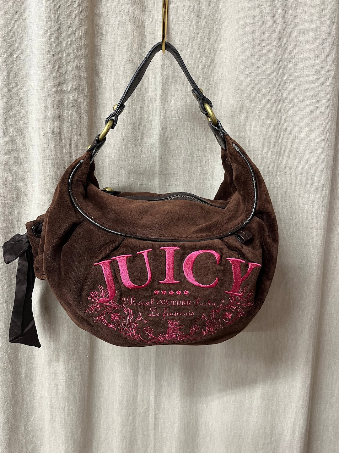 Borsa a mano in velluto rosa marrone vintage Juicy Couture Y2K