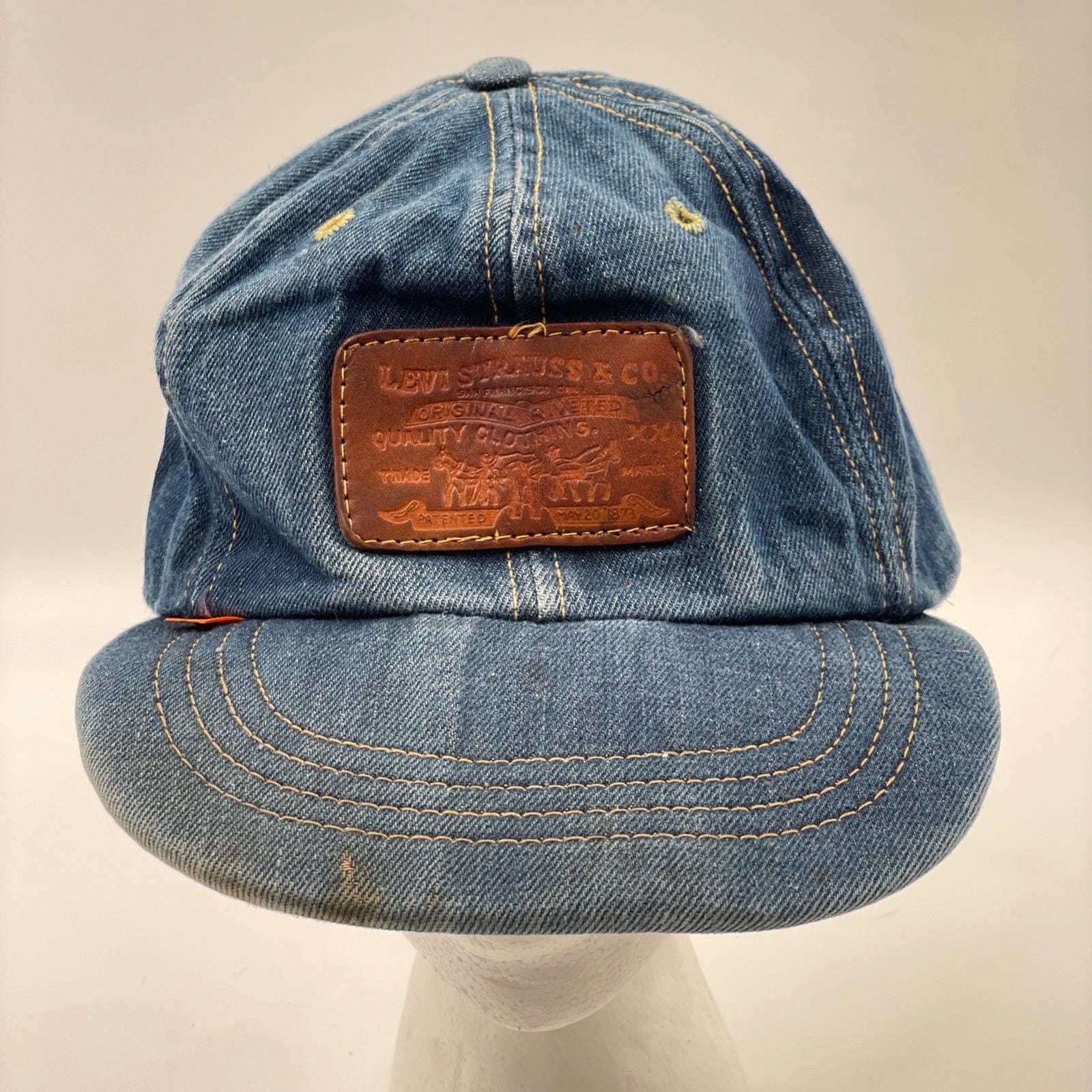 Levis VTG 70s Denim Trucker Hat Cap Leather Patch Strapback Orange