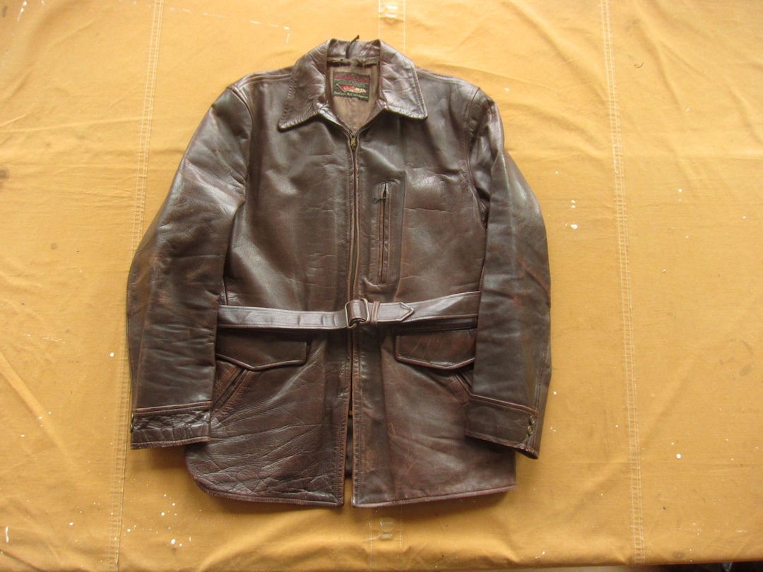 Small 50s Horse Hide Leather Belted Jacket / Horsehide 1950s Brown