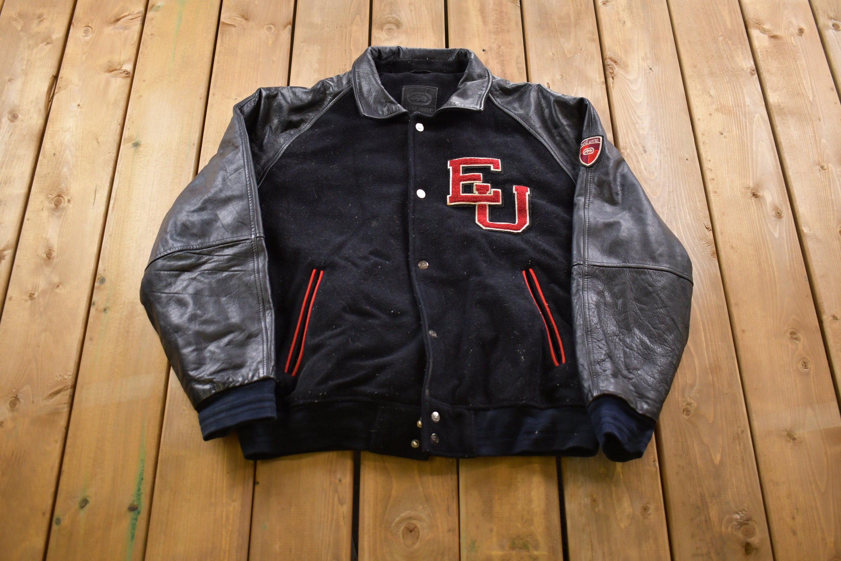 Vintage 1990s Ecko Unlimited Leather Varsity Jacket / Fall