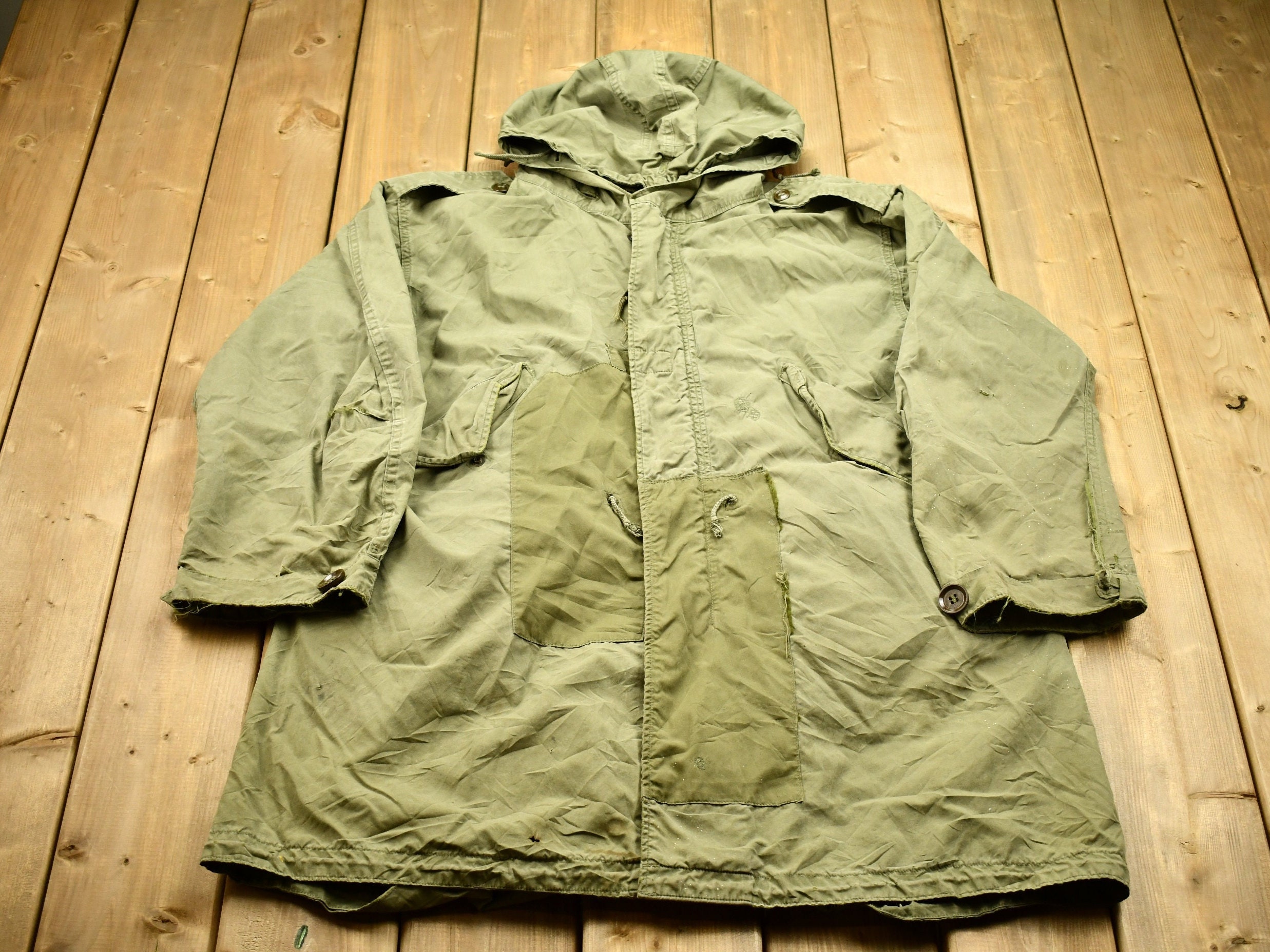Vintage 1950s Military Jacket / Zip up Hooded Jacket / 50s Army