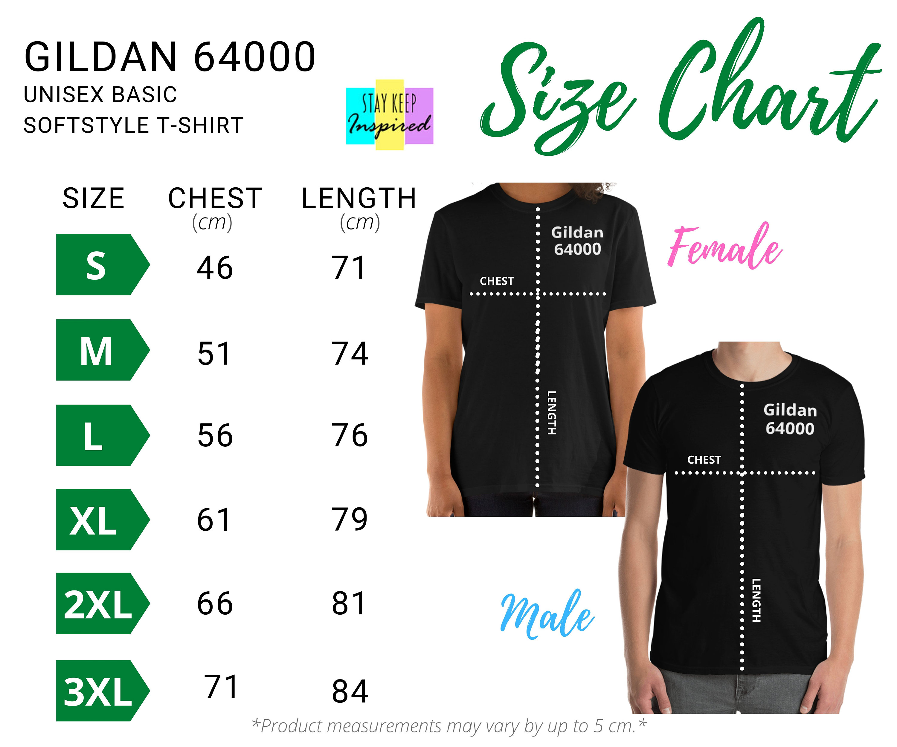 Gildan 64000 Black Unisex T-shirt Size Chart (inches/cm), Gildan T