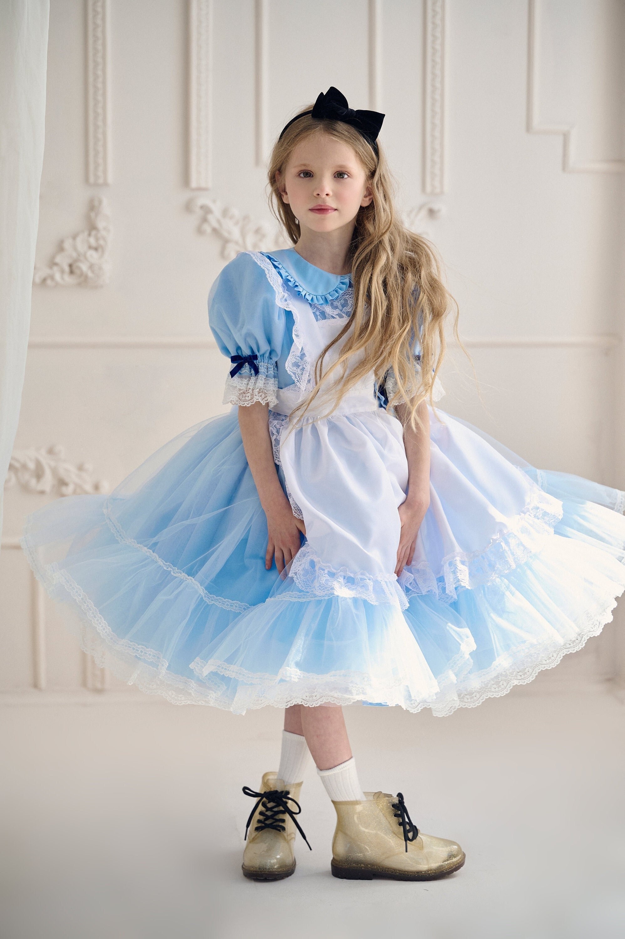 Alice Baby Girl Dress With Apron, Blue Toddler Lace Wonderland