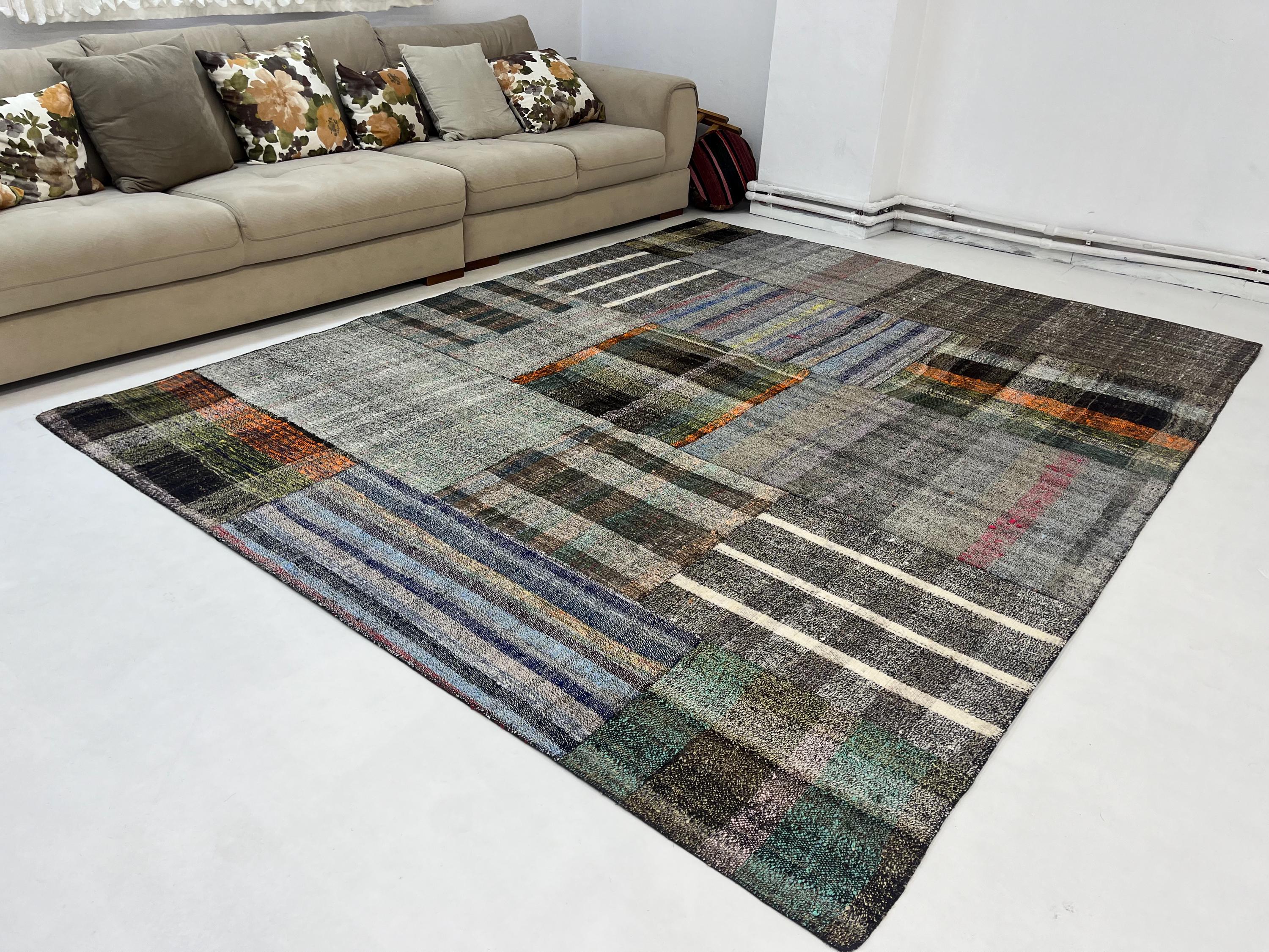 トルコ ウールラグ アイボリー ダークグレー キリム トルコ ウールラグ