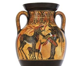 古代ギリシャの花瓶レプリカ 黒像式腹型アンフォラ アテナとヘラクレス