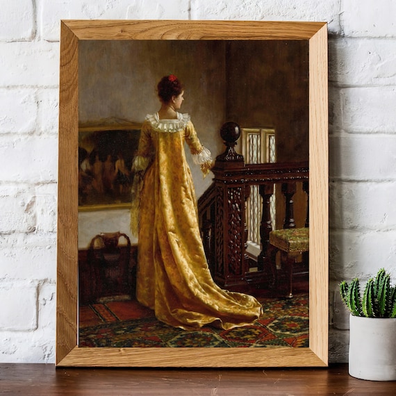 黄色のドレスを着たヴィンテージ女性絵画 | アンティーク女性