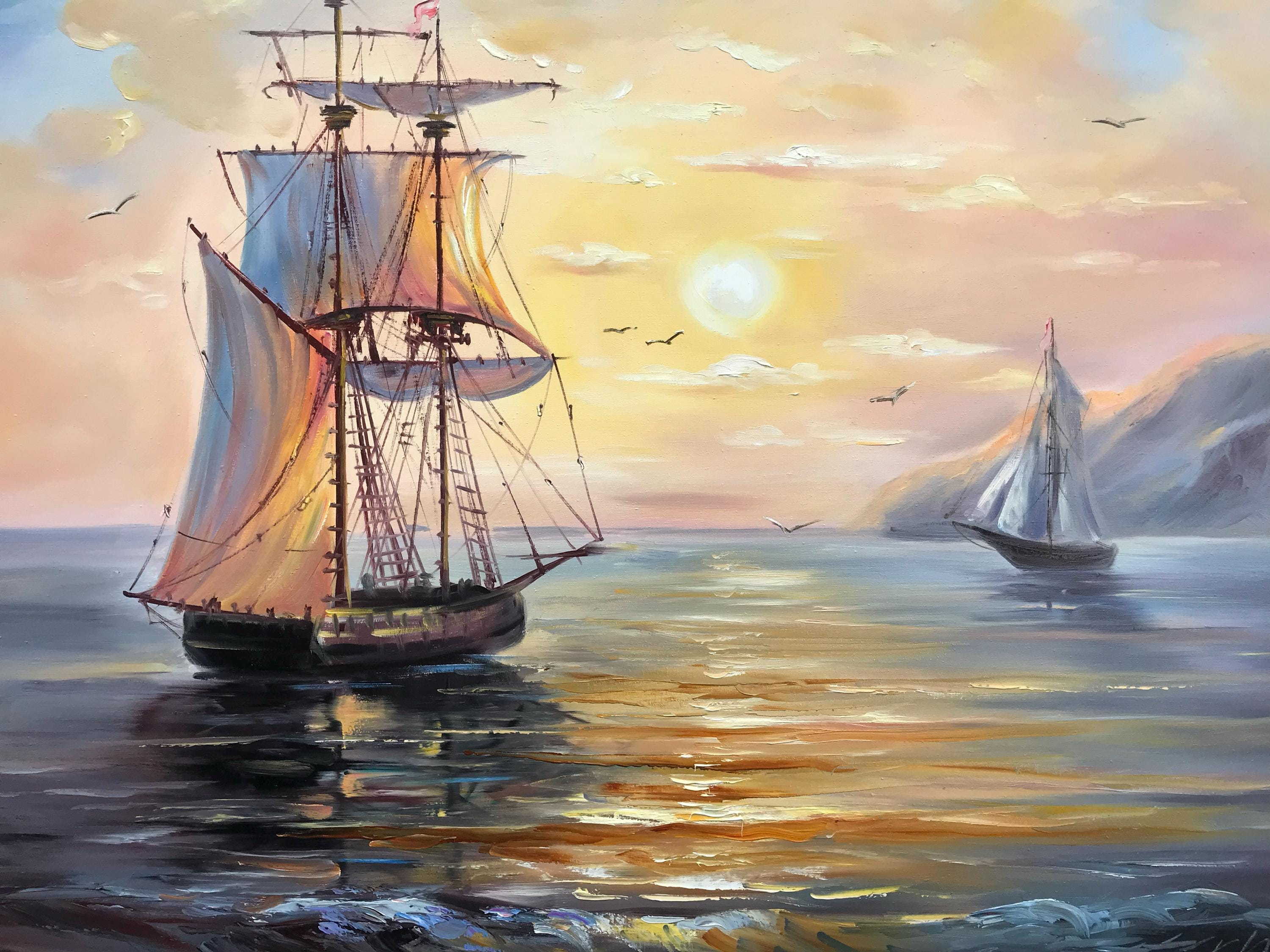 キャンバスに描かれた海事絵画 海に浮かぶ船の夕焼け油絵 オリジナル