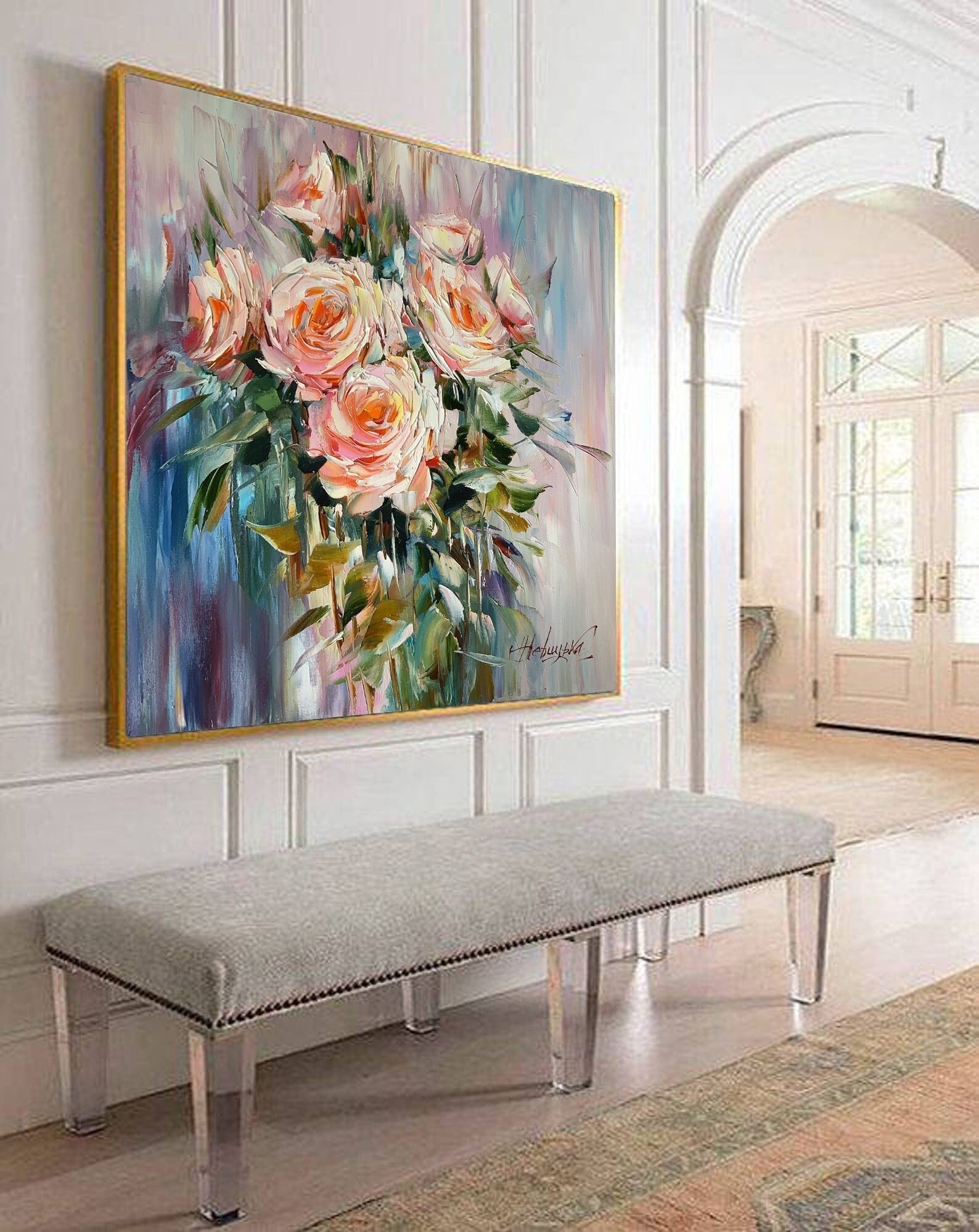 キャンバス油絵 専用 デリケートローズからアイボリーの空間 大きい