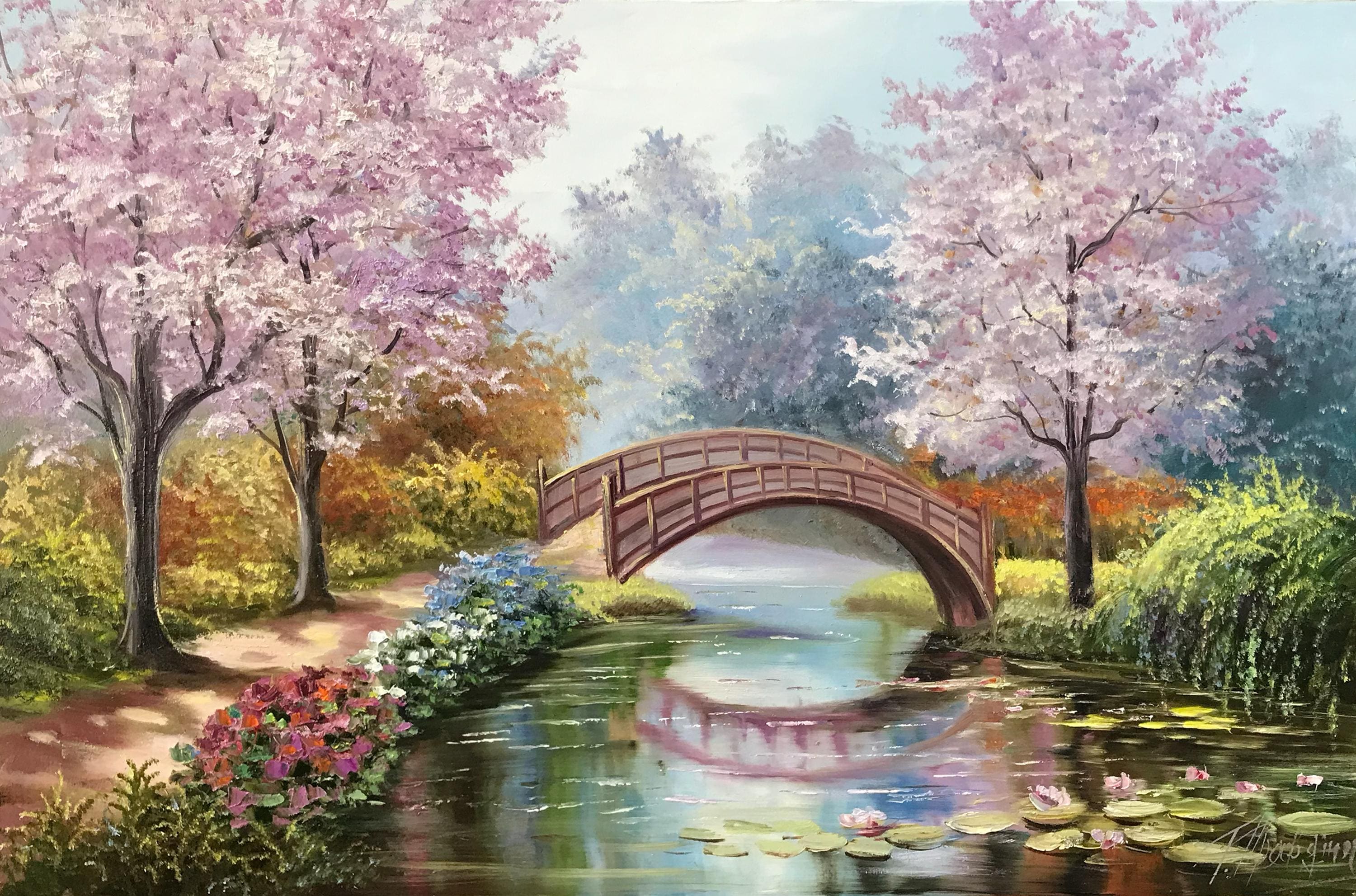 モネの睡蓮の油絵 オリジナル桜アート 日本庭園の絵画 睡蓮の池に