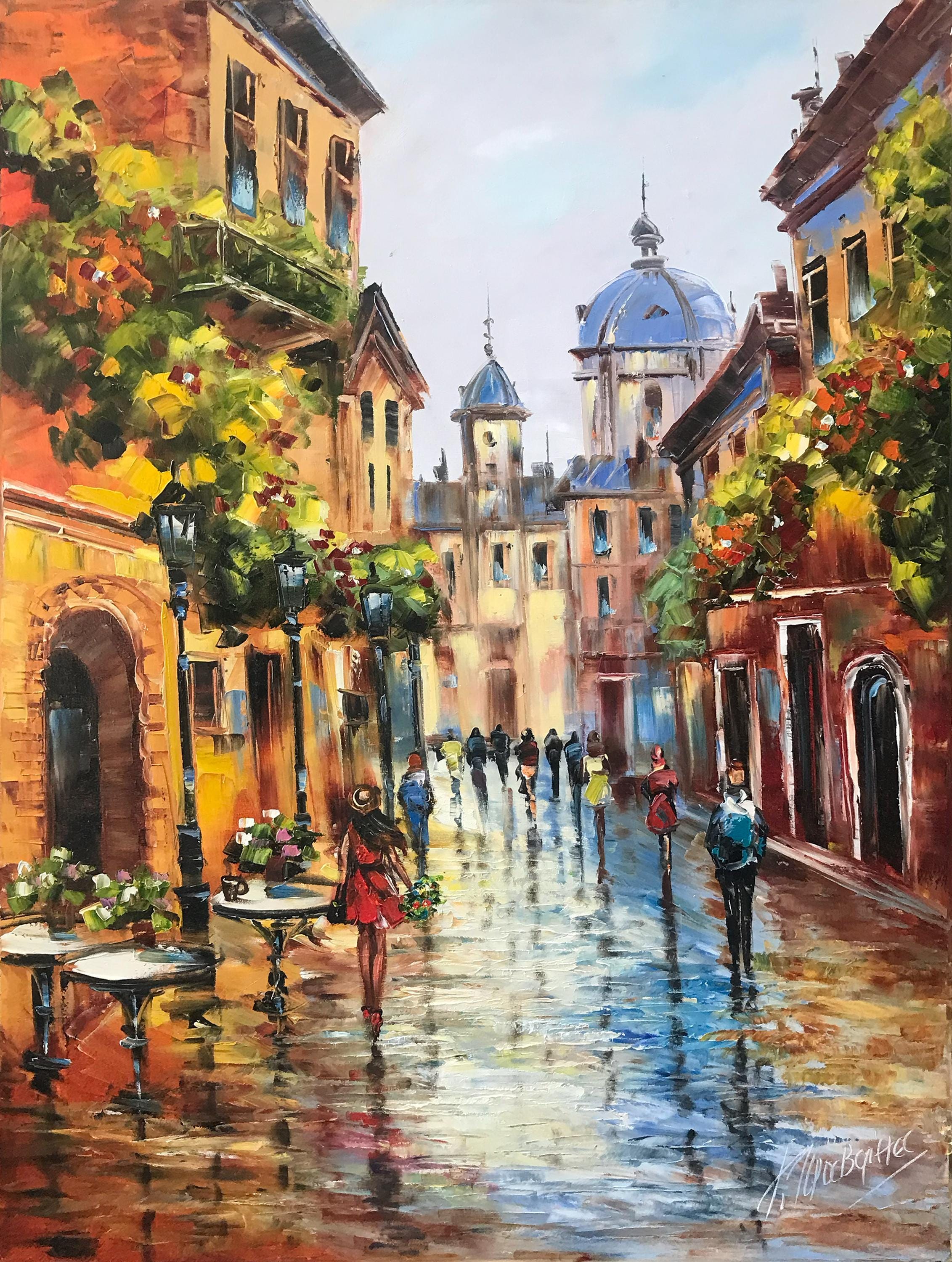 キャンバスに描かれたヨーロッパの街並みの絵画 ヨーロッパの都市