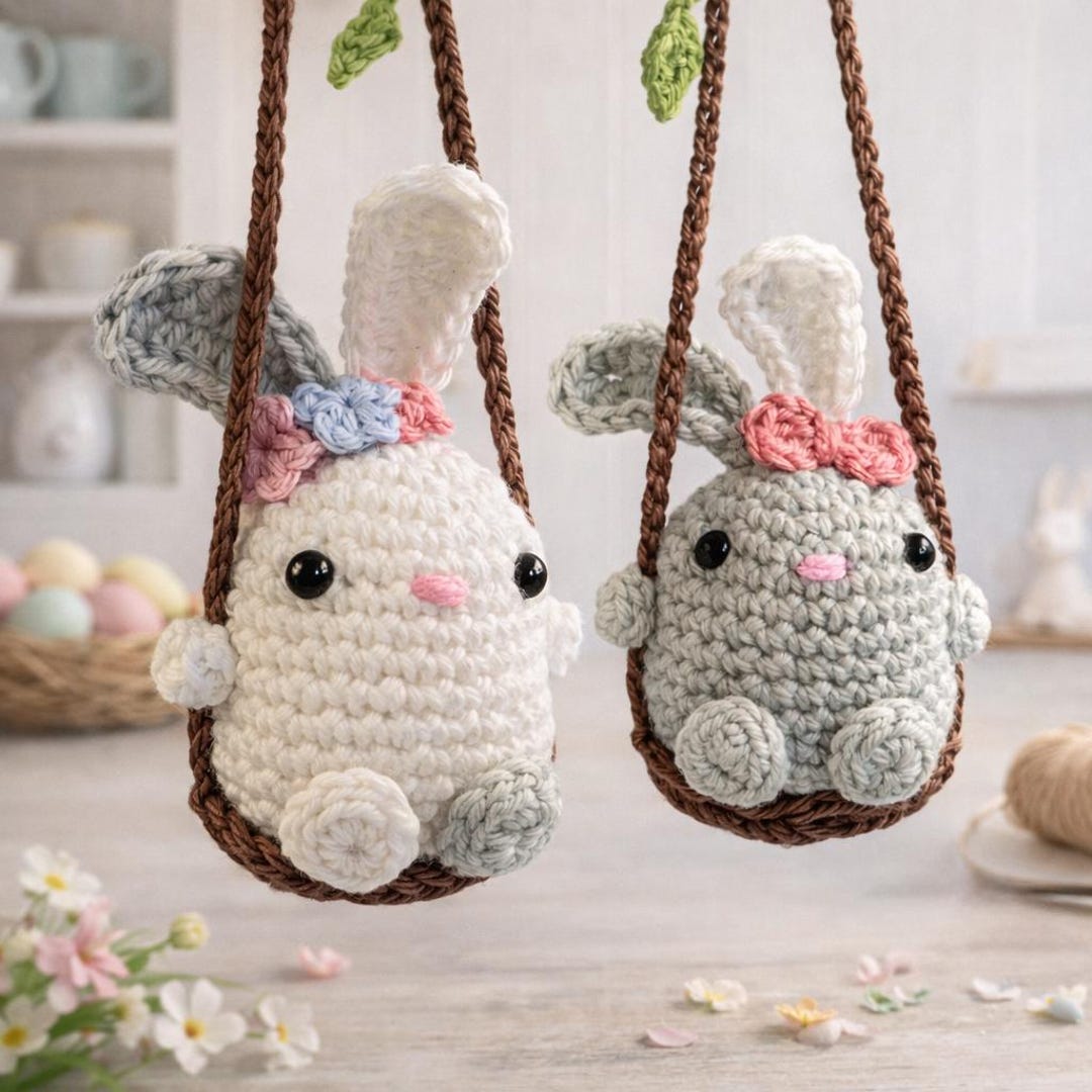 Crochet Pattern Bunny on Swing - Easter Decoration, Car Rear View
