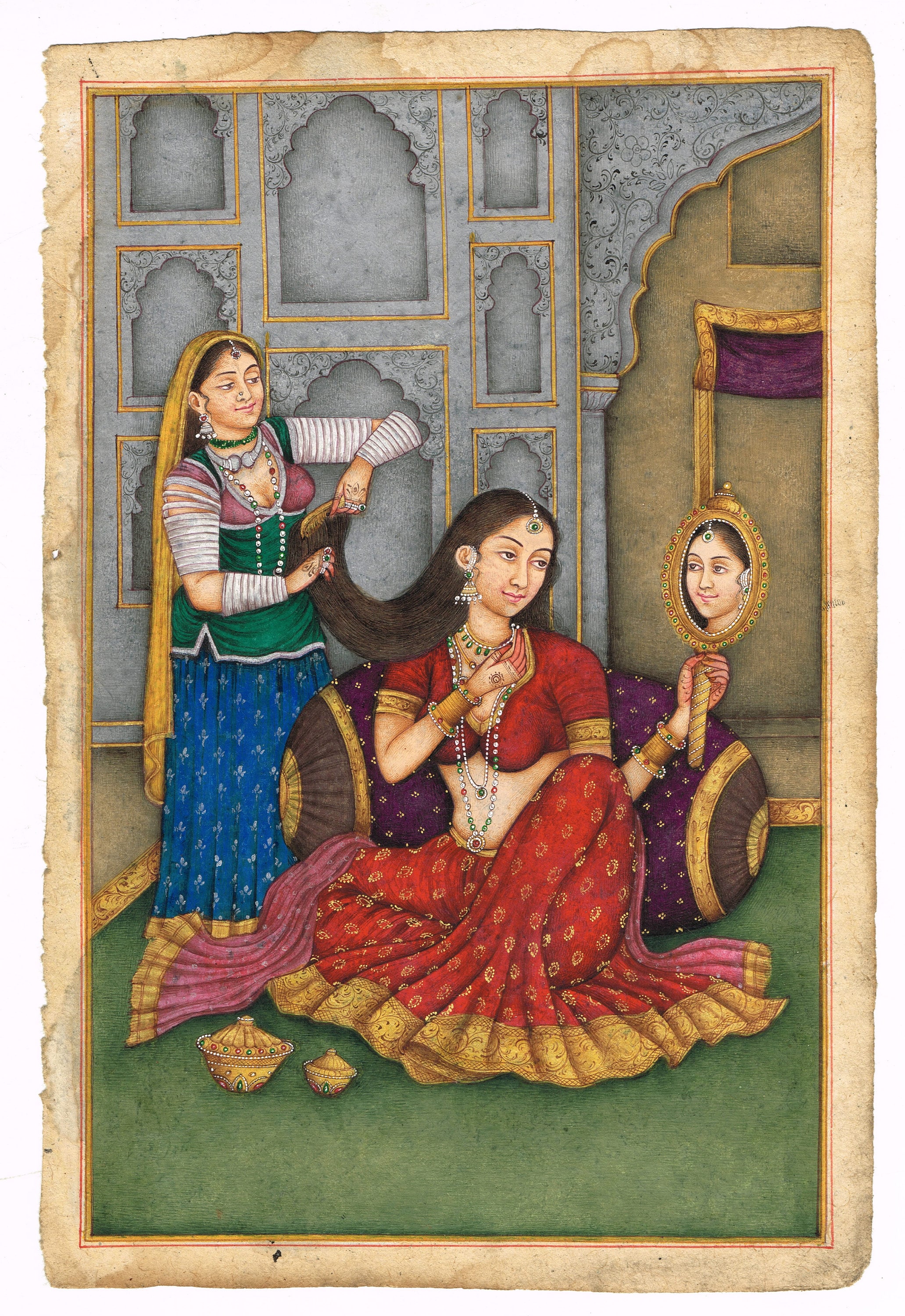 ヴィンテージのムガル帝国女王のミニチュア絵画：インド美術の壁装飾