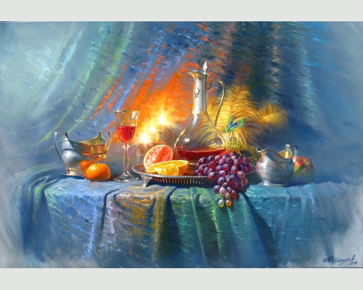 アレクサンダー・シェンデロフによる現代アート作品「フルーツと銀食器