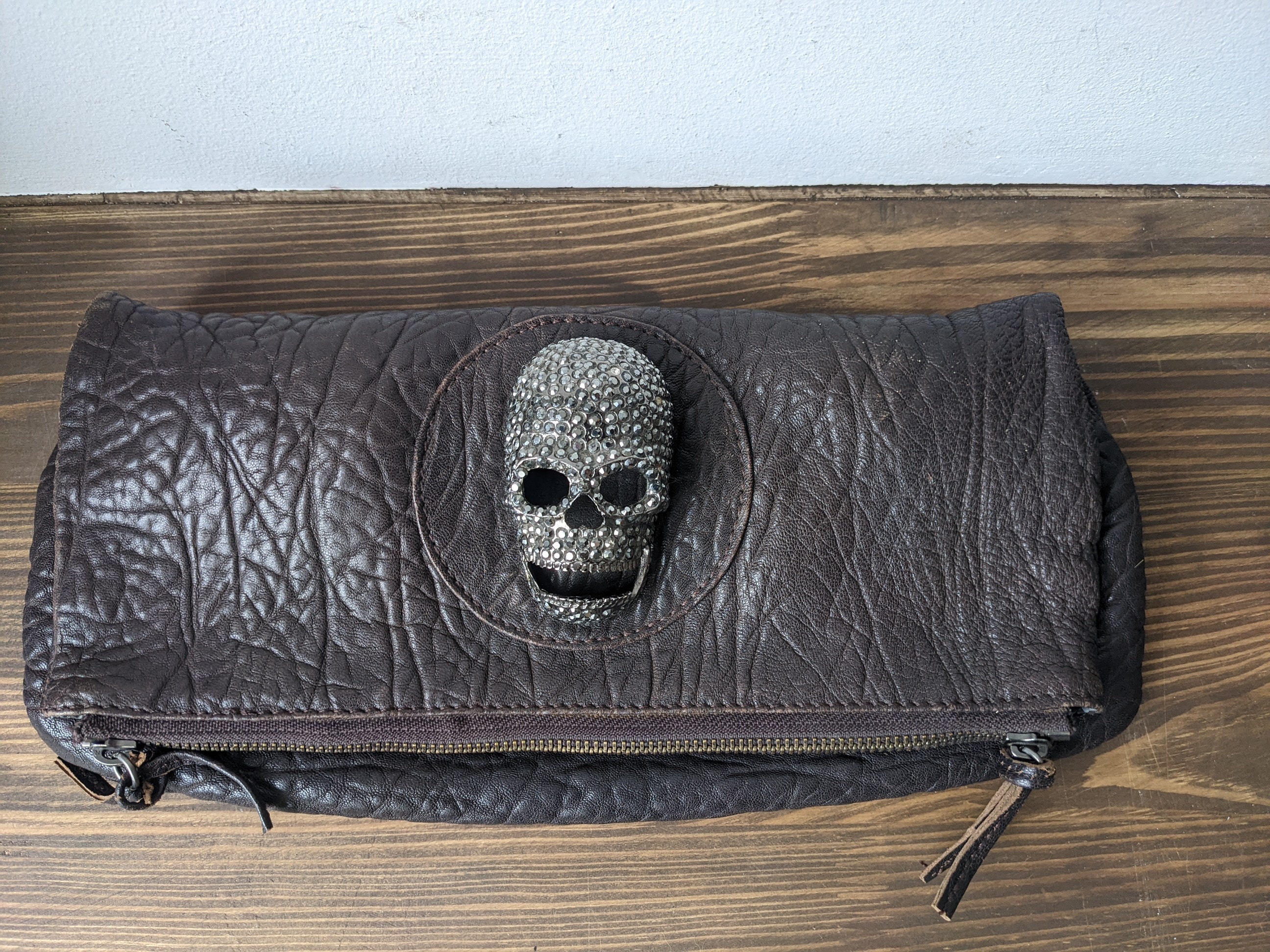 Thomas Wylde Brown Leather Skull Clutch With Rhinestones - Etsy