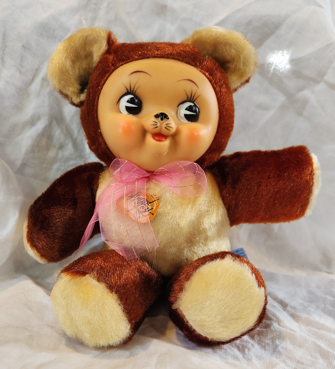 Japanese Vintage Rubber Face Smiling Bear Plush Toy - 1950's