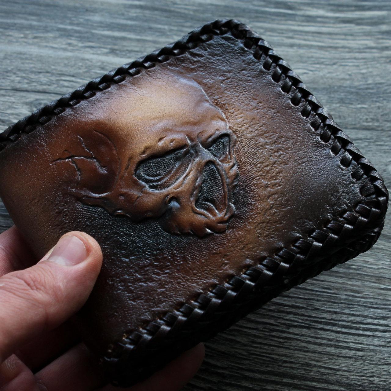 Hand-tooled Skull Leather Wallet: Biker Style, Personalized - Etsy