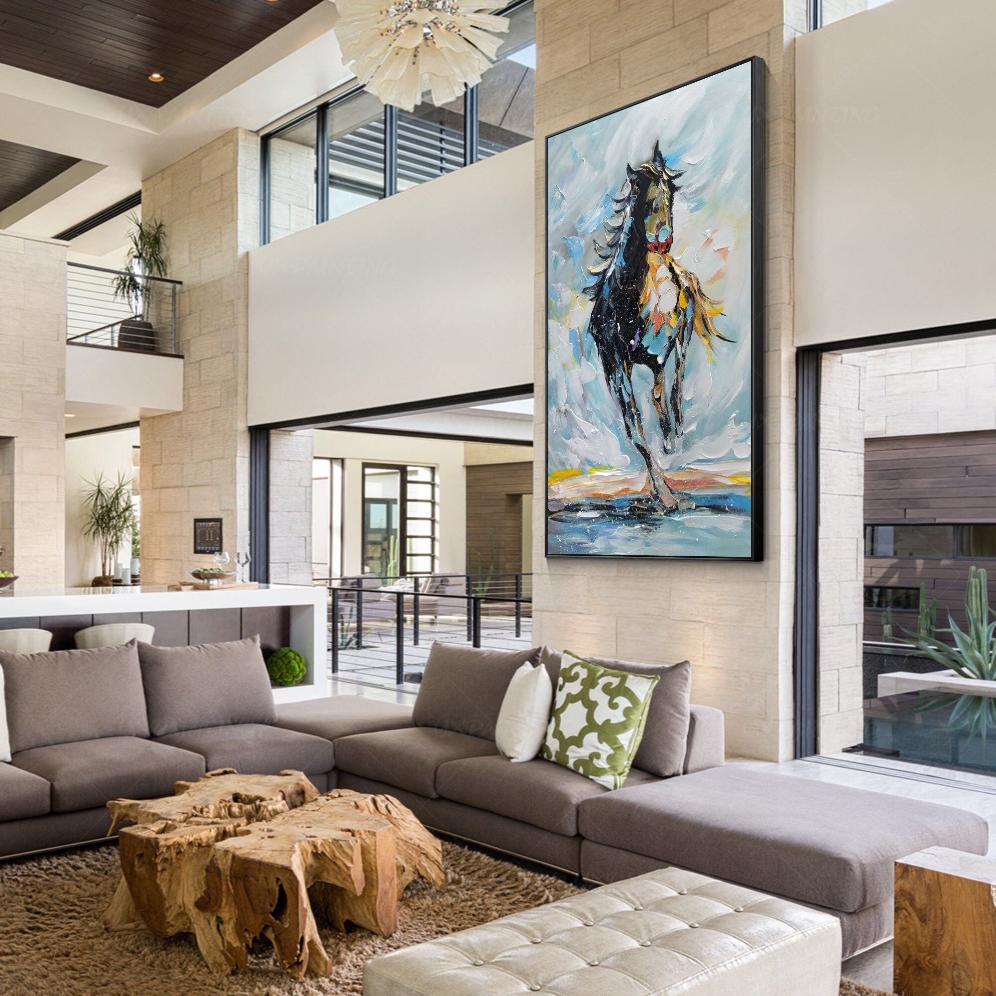抽象的な馬の絵画：テクスチャアクリルアート、額入りキャンバス