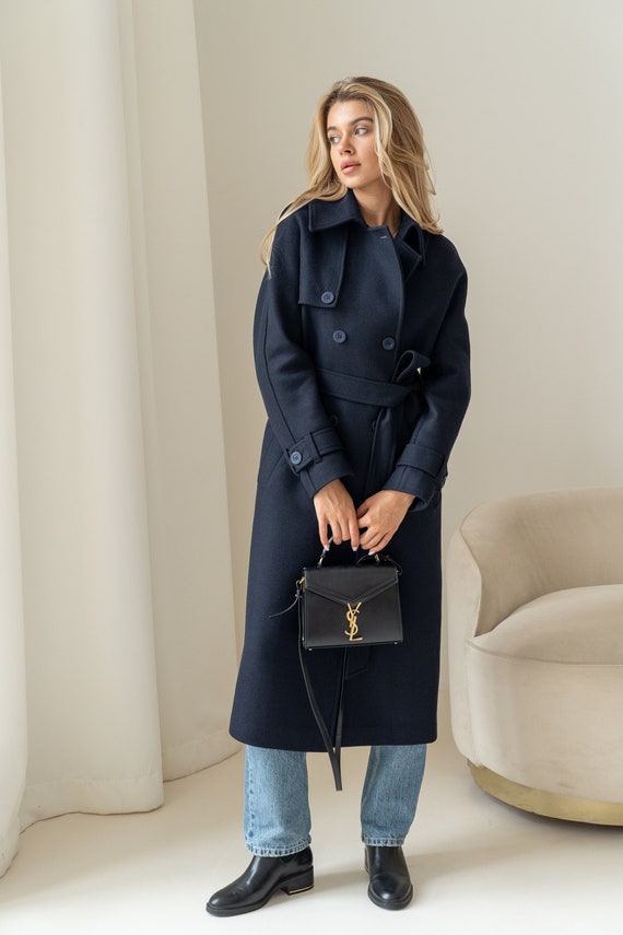Navy Wool Trench Coat, Wool Coat Women, Long Trench Coat, Warm