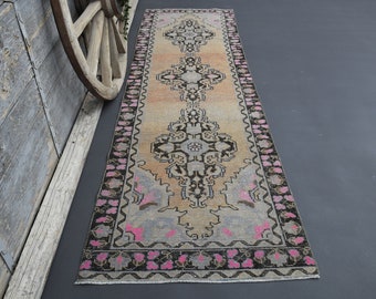 3'1x9'9 アンティークピンクランナーラグ、シャビーな装飾、モダンな