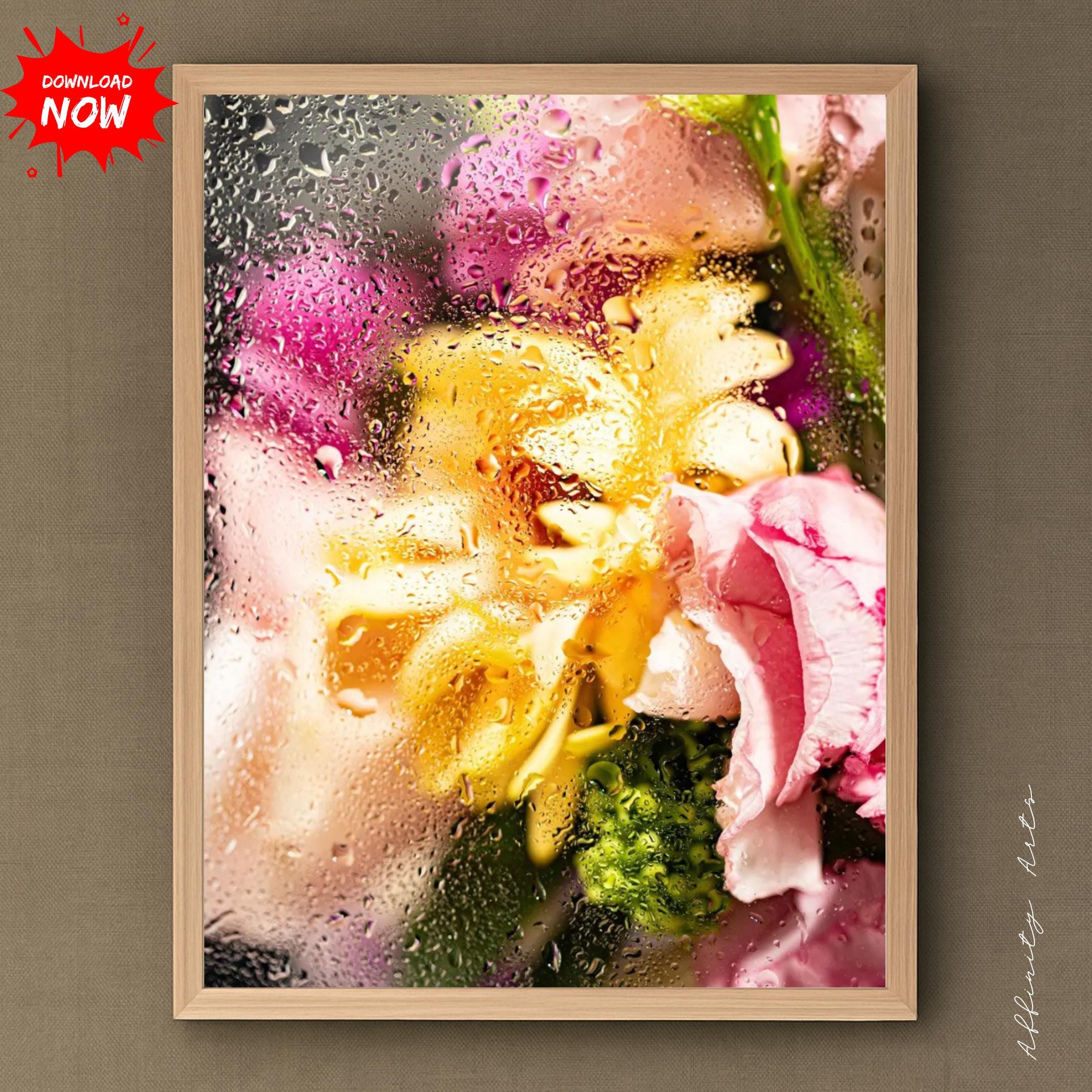 抽象的な花のデジタルアート - 雨のガラスの背後にある鮮やかな花、高