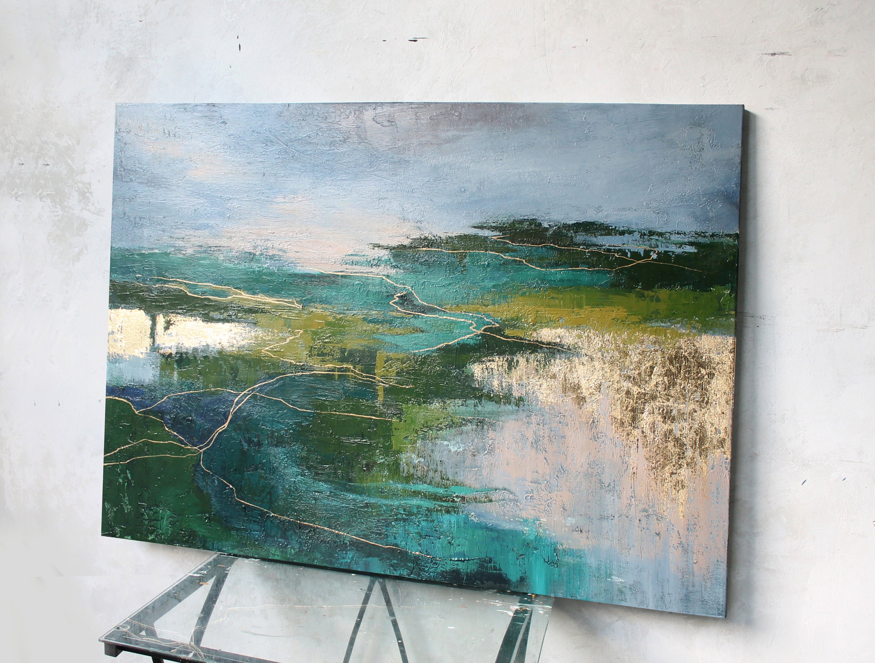 抽象的な自然 | 抽象的な風景画 | 緑と金の抽象的な壁画