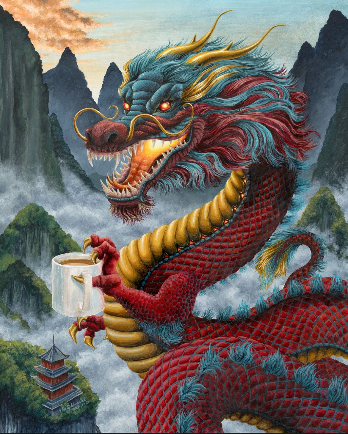 Coffee Dragon Fantasy Acrylic Painting Signed Archival Art Print