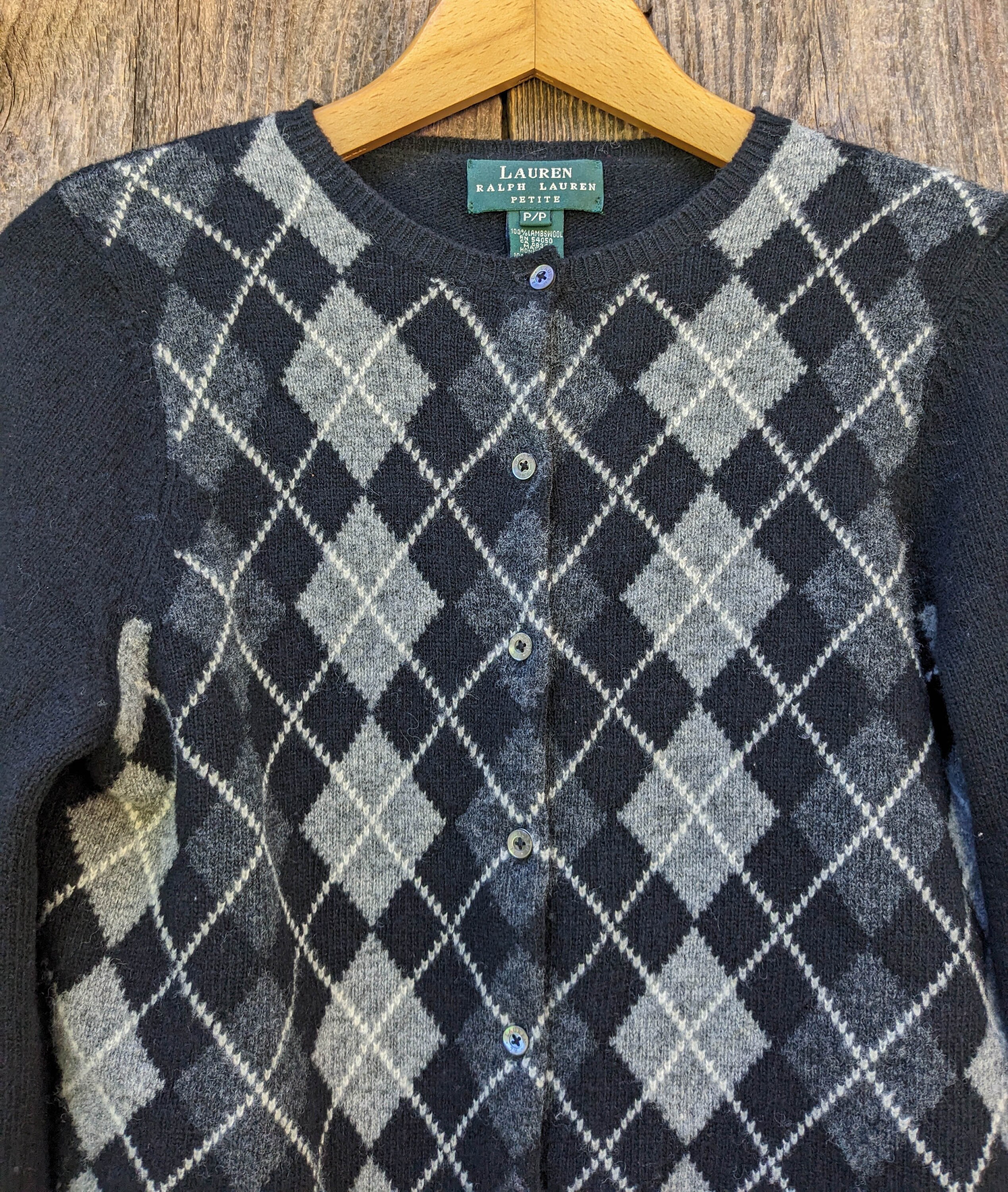 90s Vintage Black Argyle Cardigan / Lambswool Knit Cropped Sweater