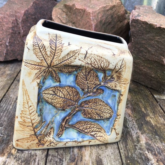 Studio Pottery Vase, Tenmoku Malaysian Handicraft, Autumnal Leaf