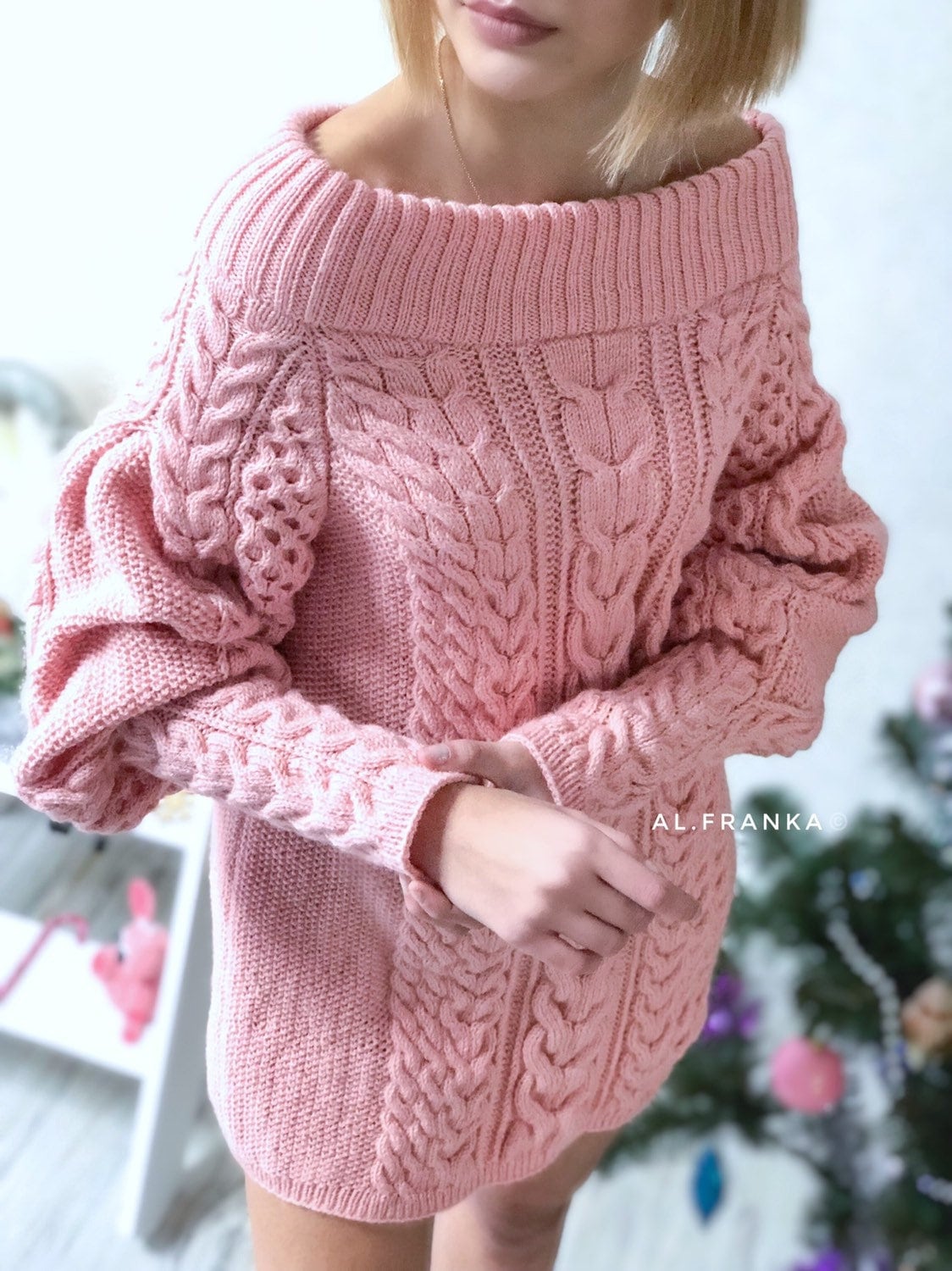 Aran Long Sweater Dress With Open Shoulders Pink Knitted One