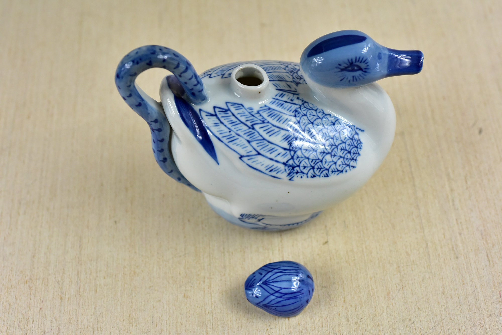 Vintage,white and Blue,duck Shaped,teapot,hand Painted,bird,tea