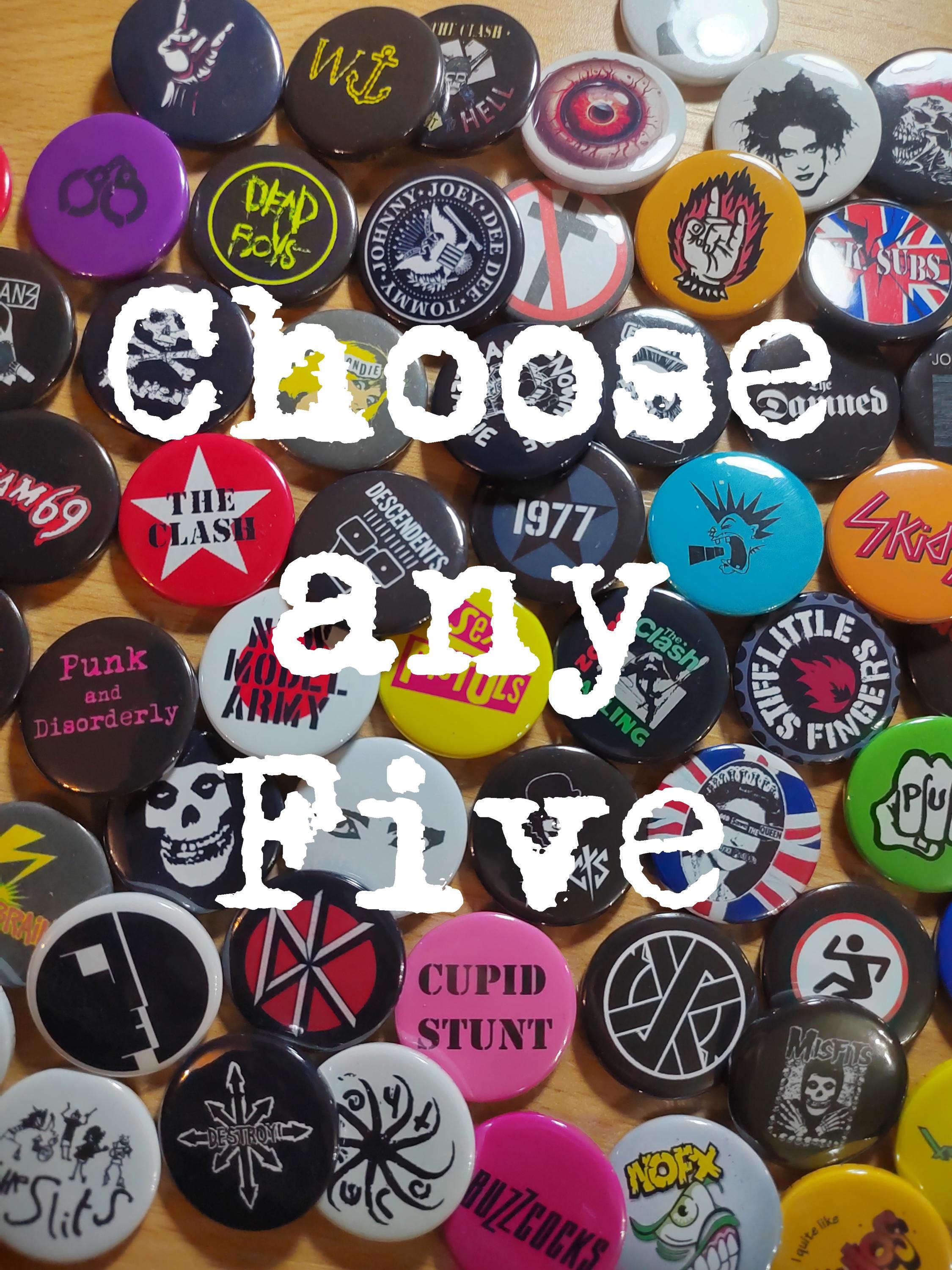 パンクピンバックボタンピン5個、バンドピンセット、ミュージックピン