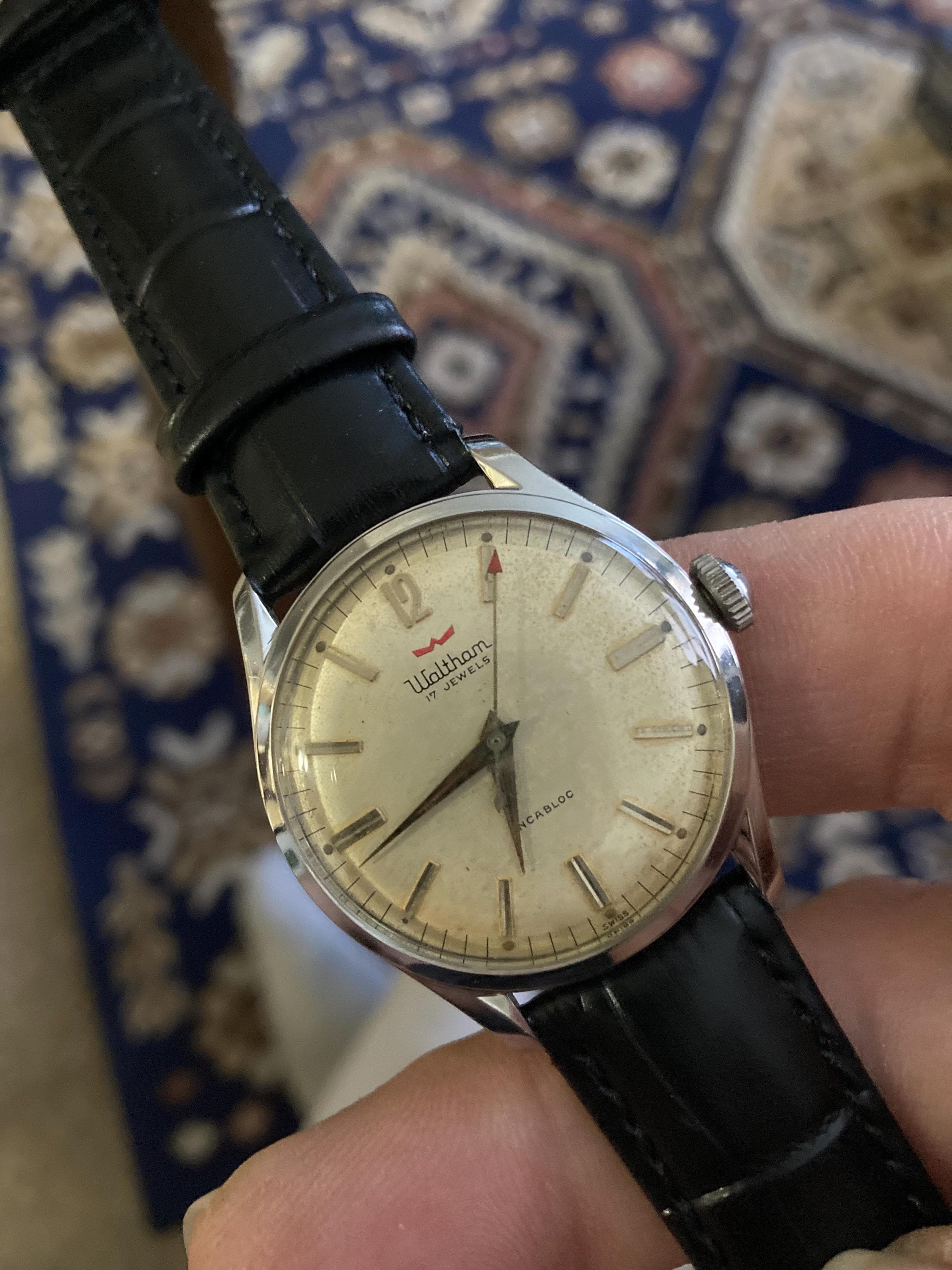 Vintage 1960s Waltham Swiss Men's Watch, 17 Jewels, Leather Band