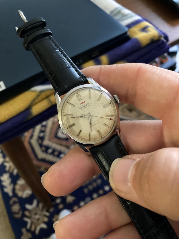 Vintage 1960s Waltham Swiss Men's Watch, 17 Jewels, Leather Band