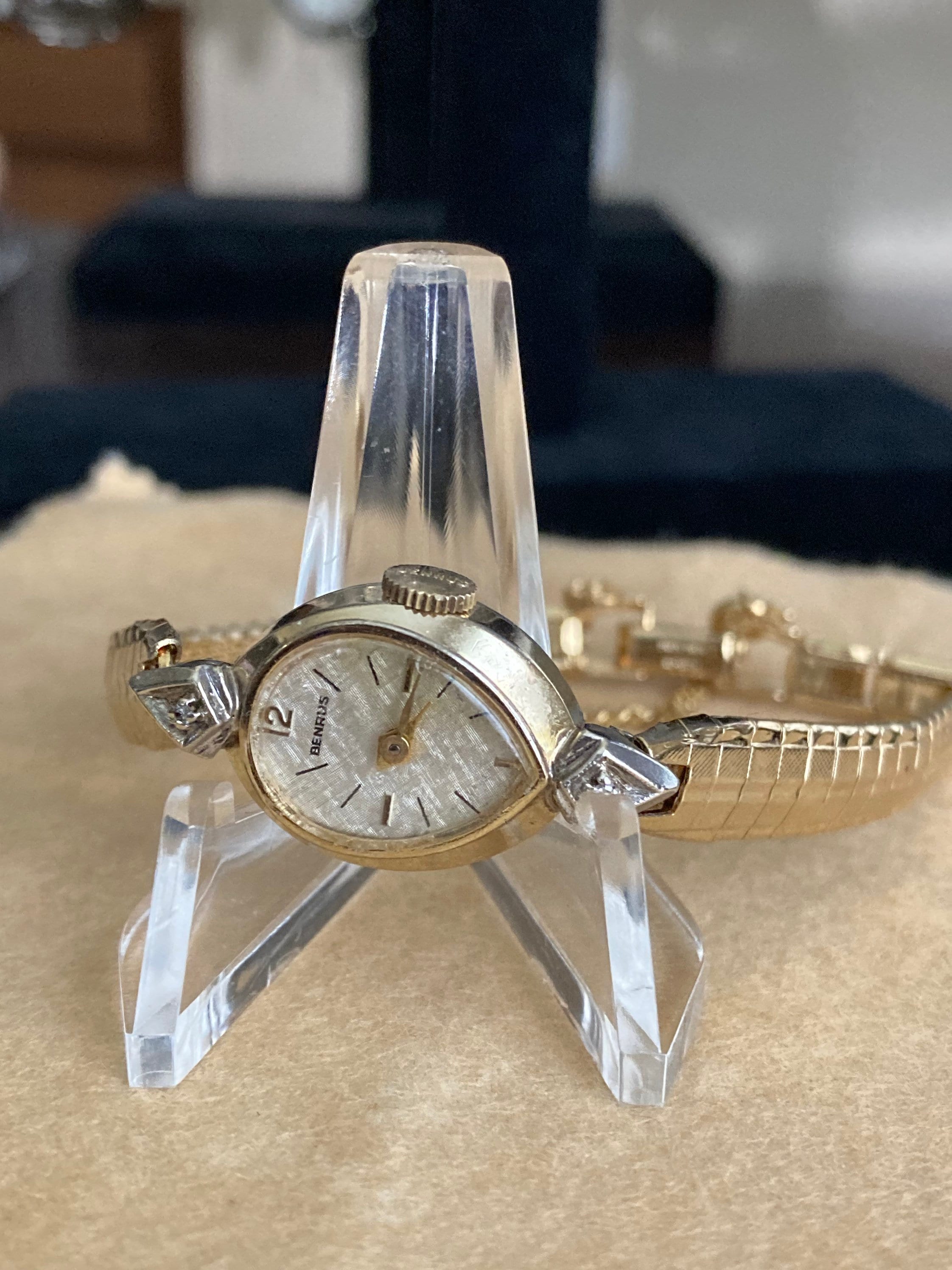 Vintage Benrus Ladies Watch, 2-diamond Bezel, Gold Tone Bracelet