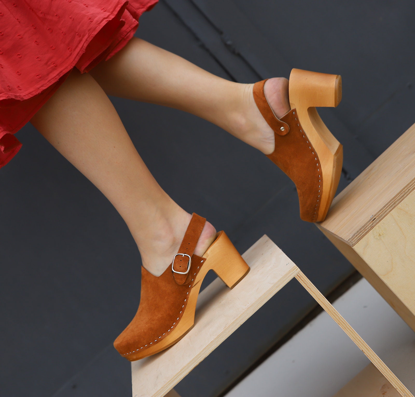 Nut Clogs With Strap and Buckle, Wooden Swedish Clogs, Slingback