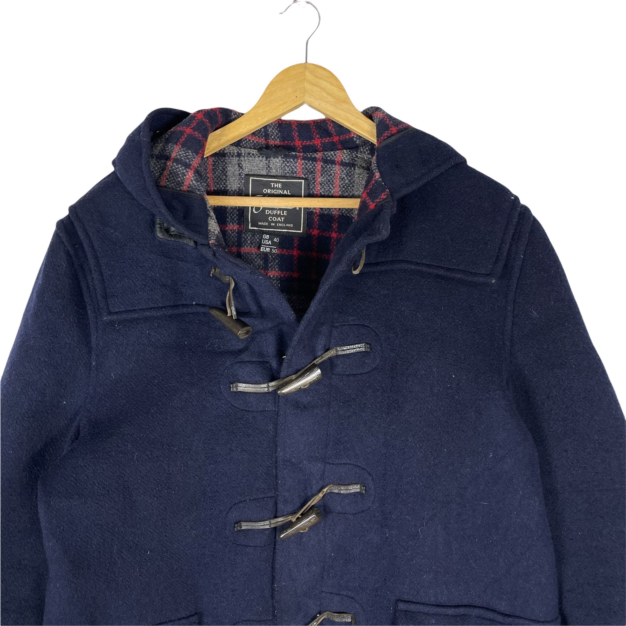 Gloverall Duffle England Coat Toggle Plaids Button Jacket Navy