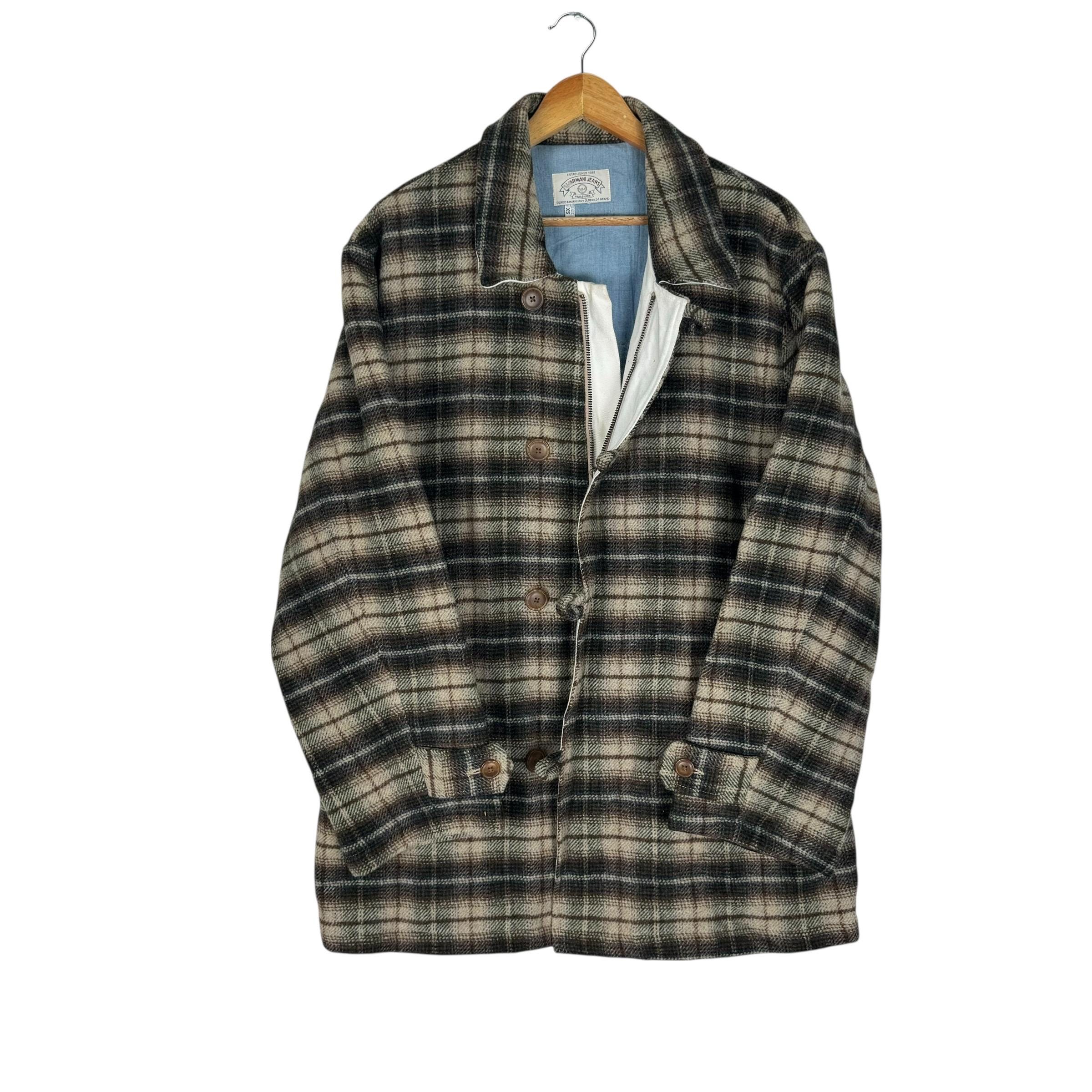 Vintage 90s GIORGIO ARMANI Jeans Shadow Plaids Wool Jacket Brown