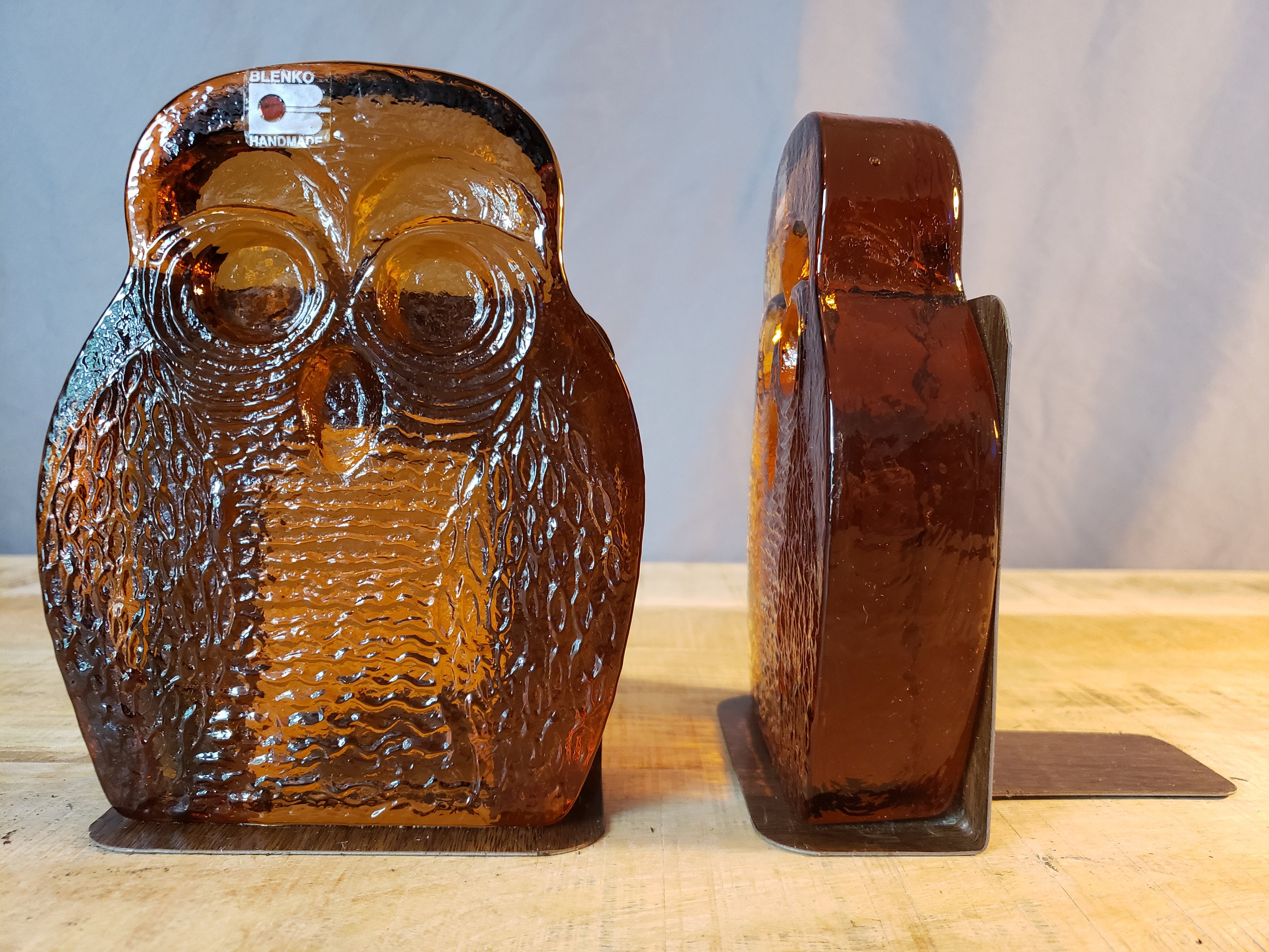 Bookends Blenko Owls 1960 Midcentury Modern Handblown Brown Glass