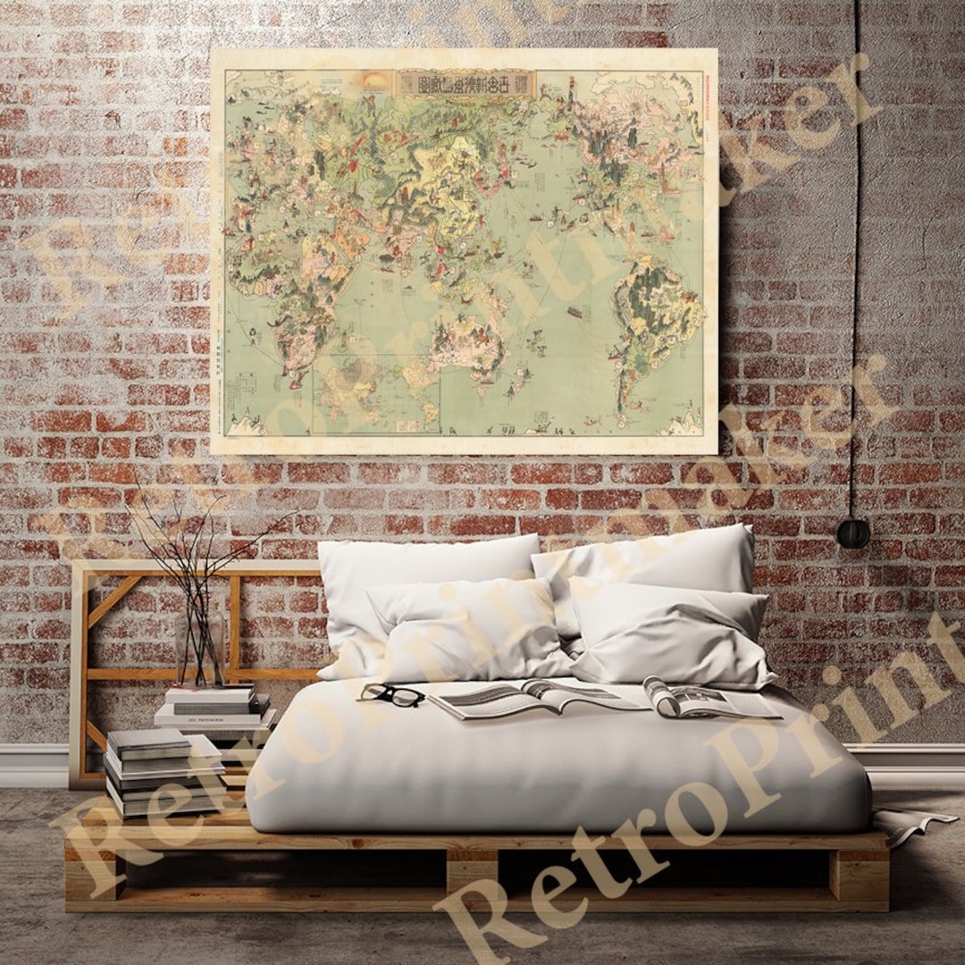 日本語と英語で書かれた世界地図。1924年。ビンテージのホームデコ