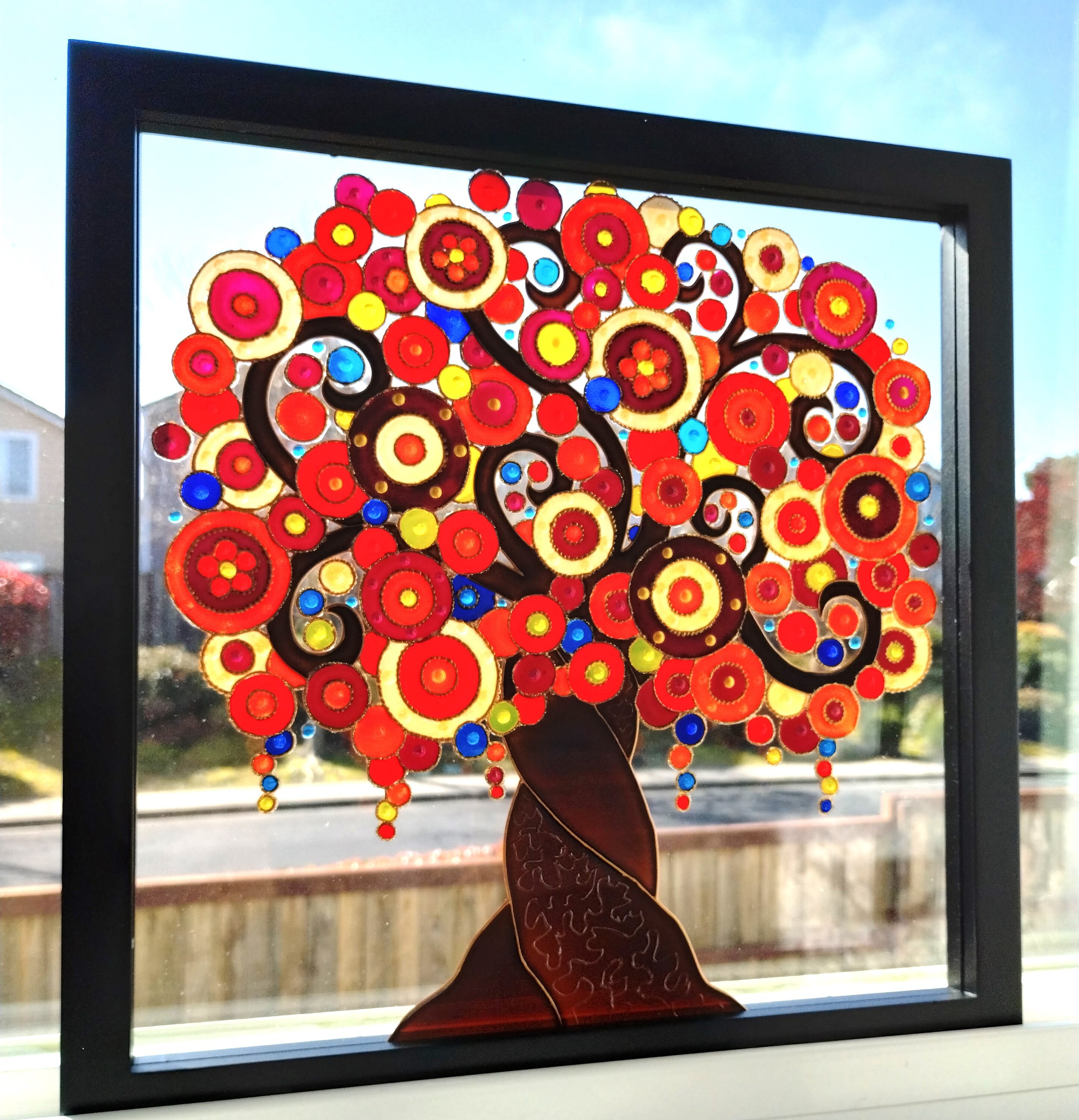 3D生命の樹ガラス絵画：ボヘミアン風サンキャッチャー壁飾り（15インチ