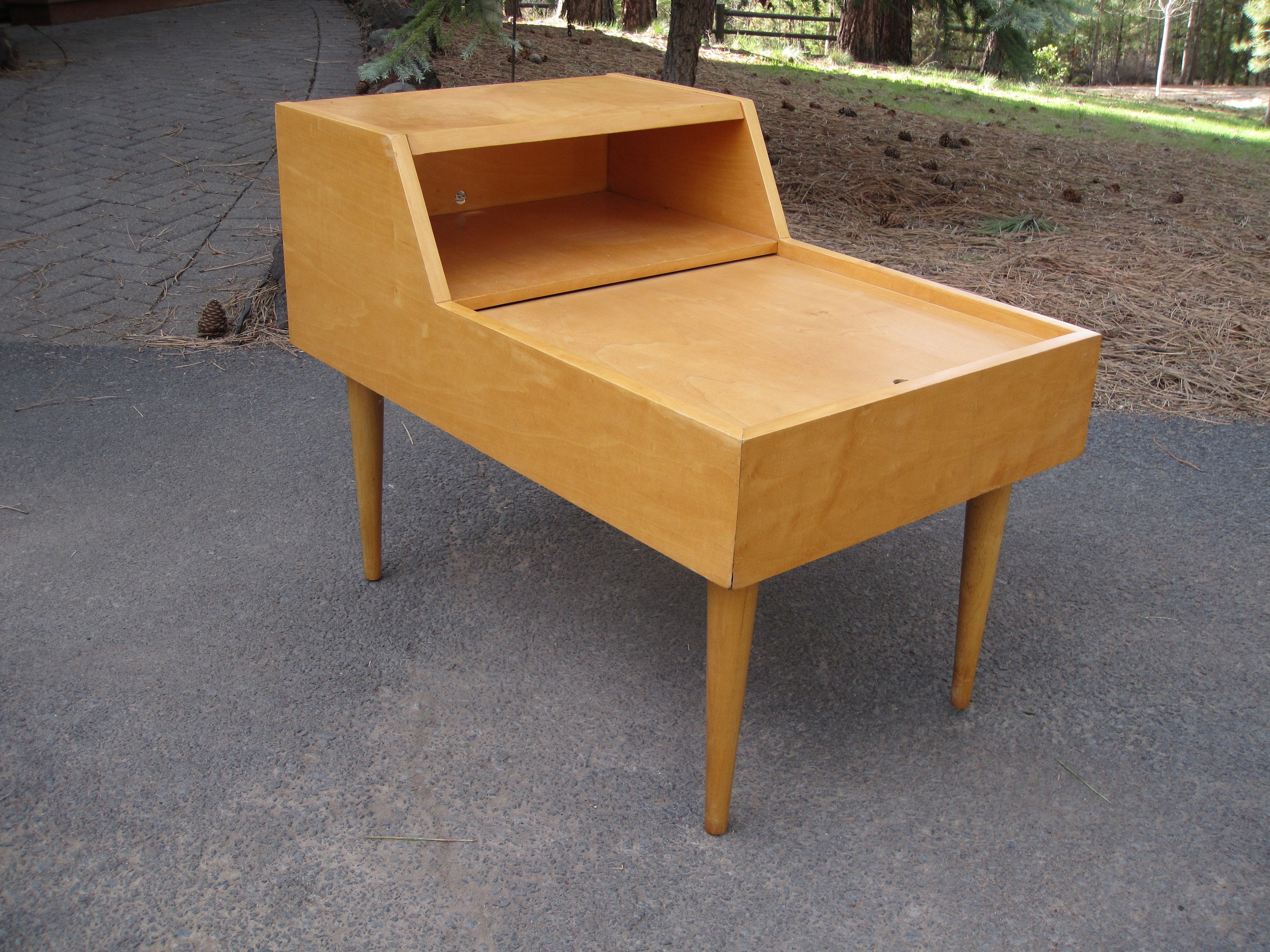 Vintage 1950s Mid Century Modern End Table: Blonde Wood Step Side