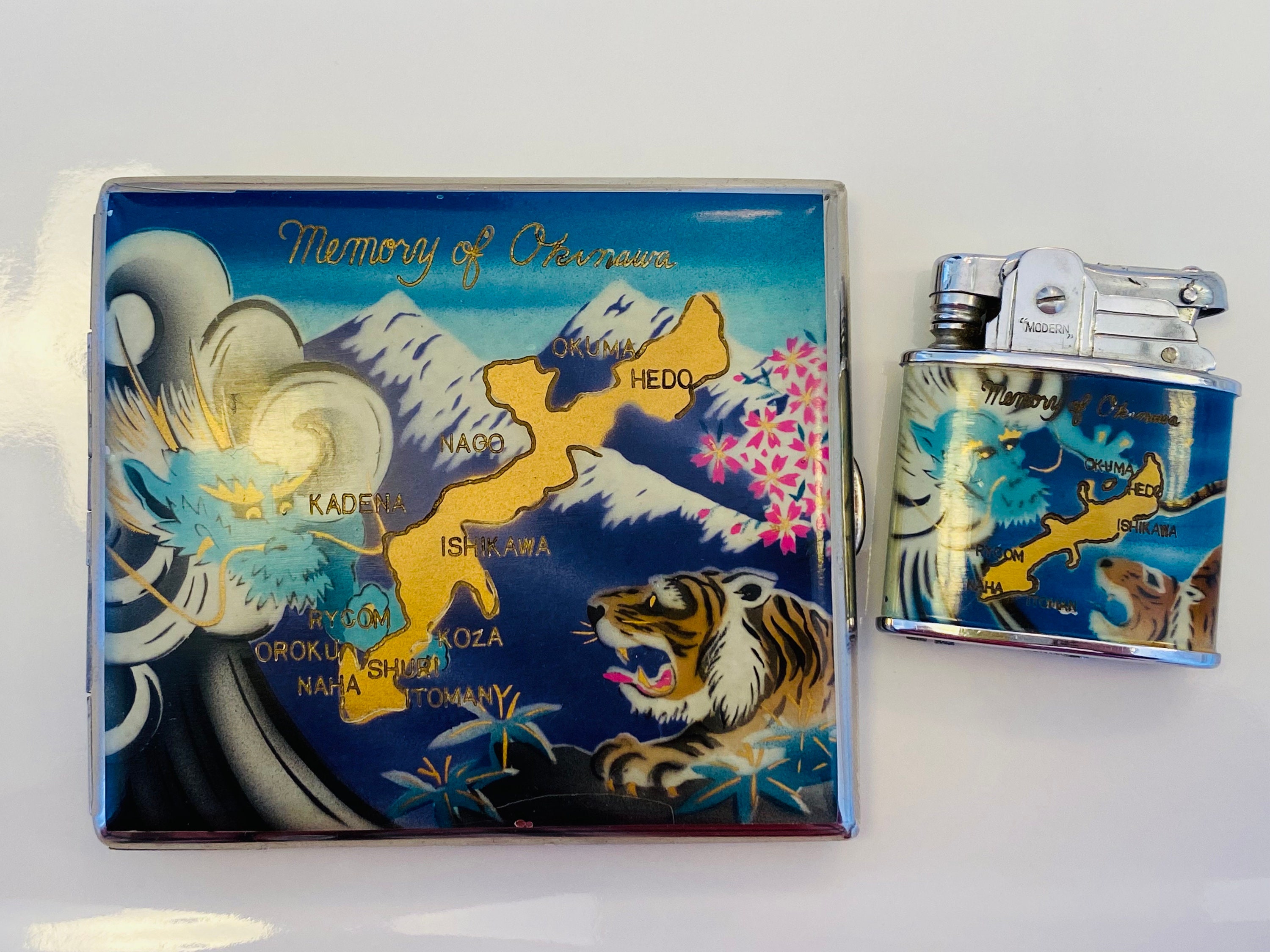 Memory of Okinawa Japanese 1950s Matching Cigarette Case and