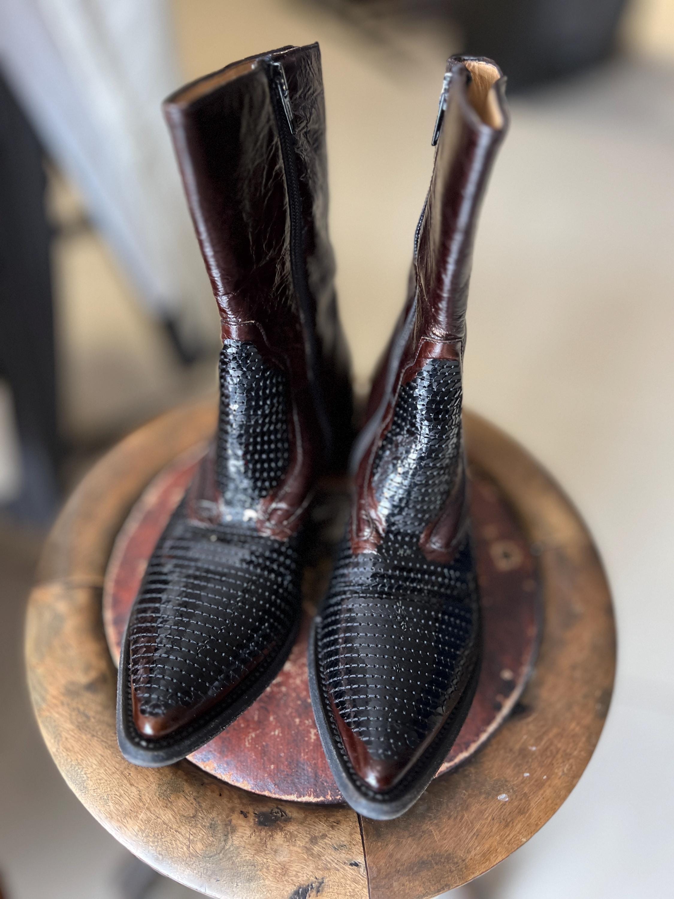 Vintage Gianni Barbato Cowboy Boots – Brown Patent Leather, Sequin