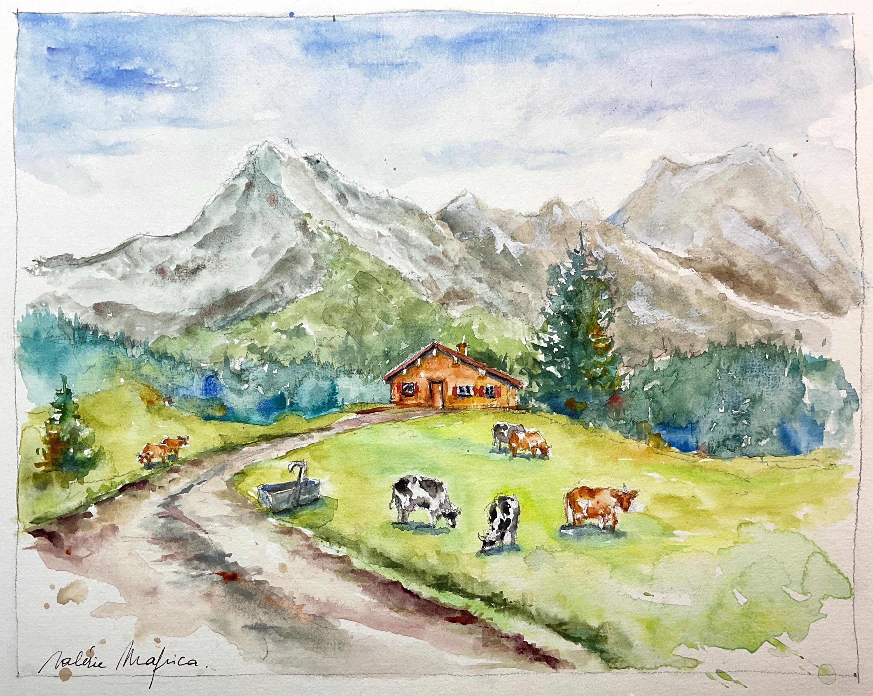 夏の山のオリジナル水彩画、山の風景画、アルプスの水彩画、アラヴィス