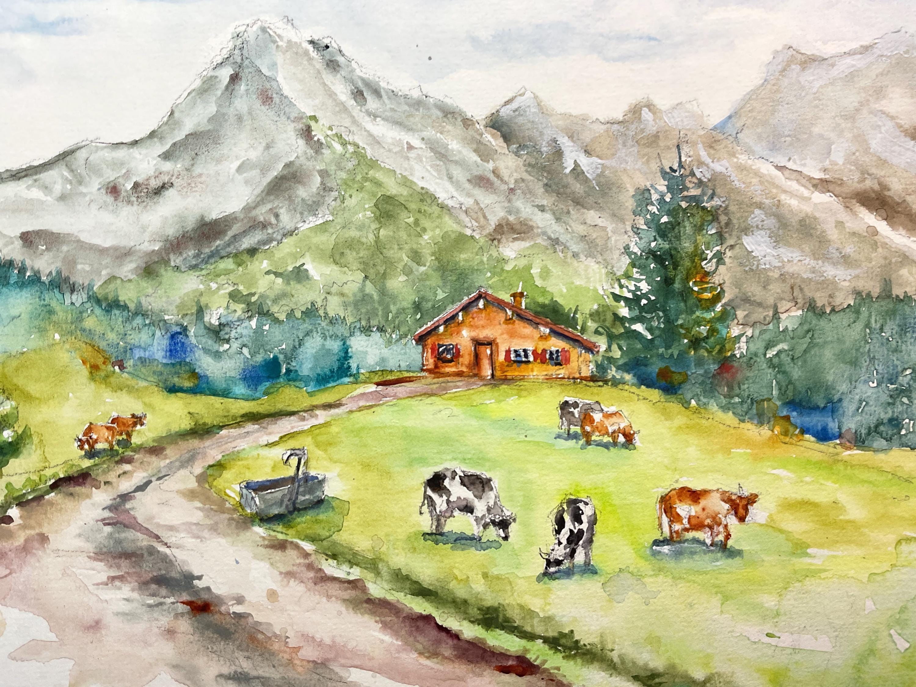 夏の山のオリジナル水彩画、山の風景画、アルプスの水彩画、アラヴィス