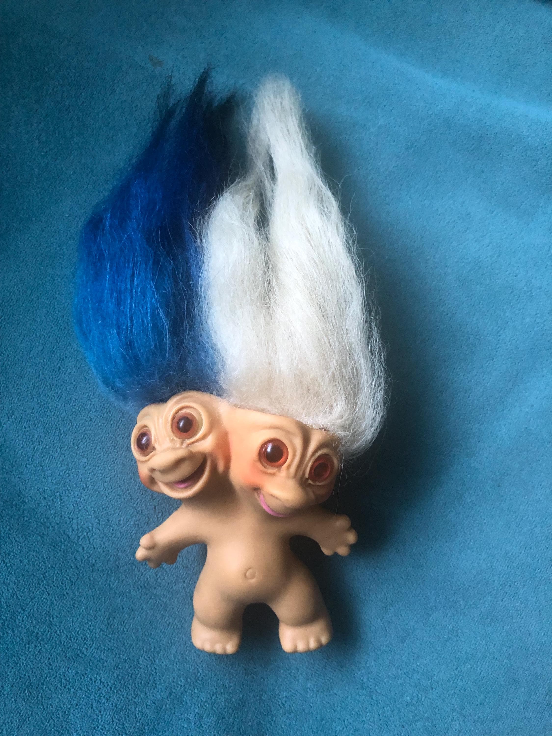 Two Headed Uneeda Troll Doll 3” Tall Blue and White Hair With