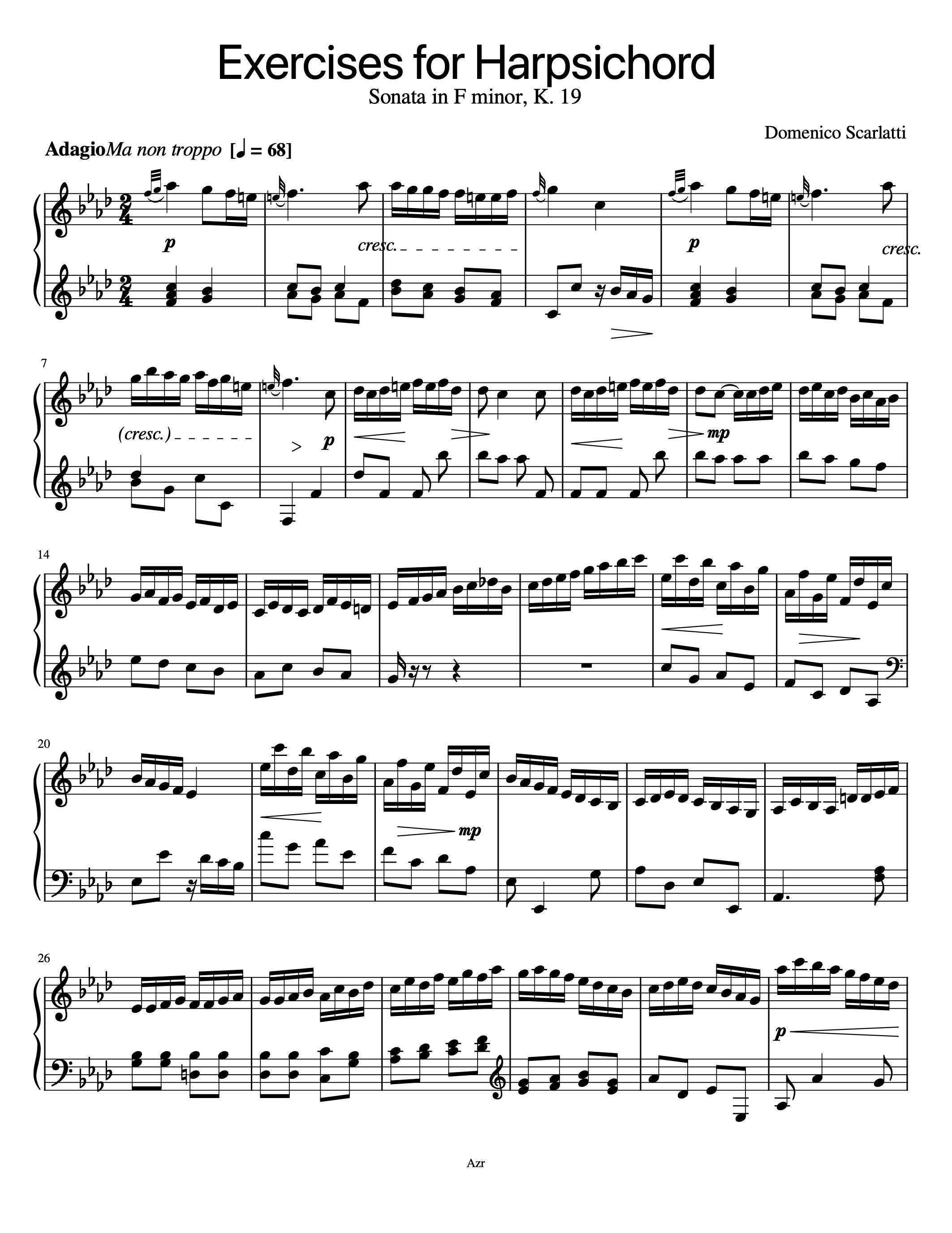 ピアノ楽譜 - チェンバロ練習曲 - ソナタ ヘ短調 - K. 19 - ドメニコ