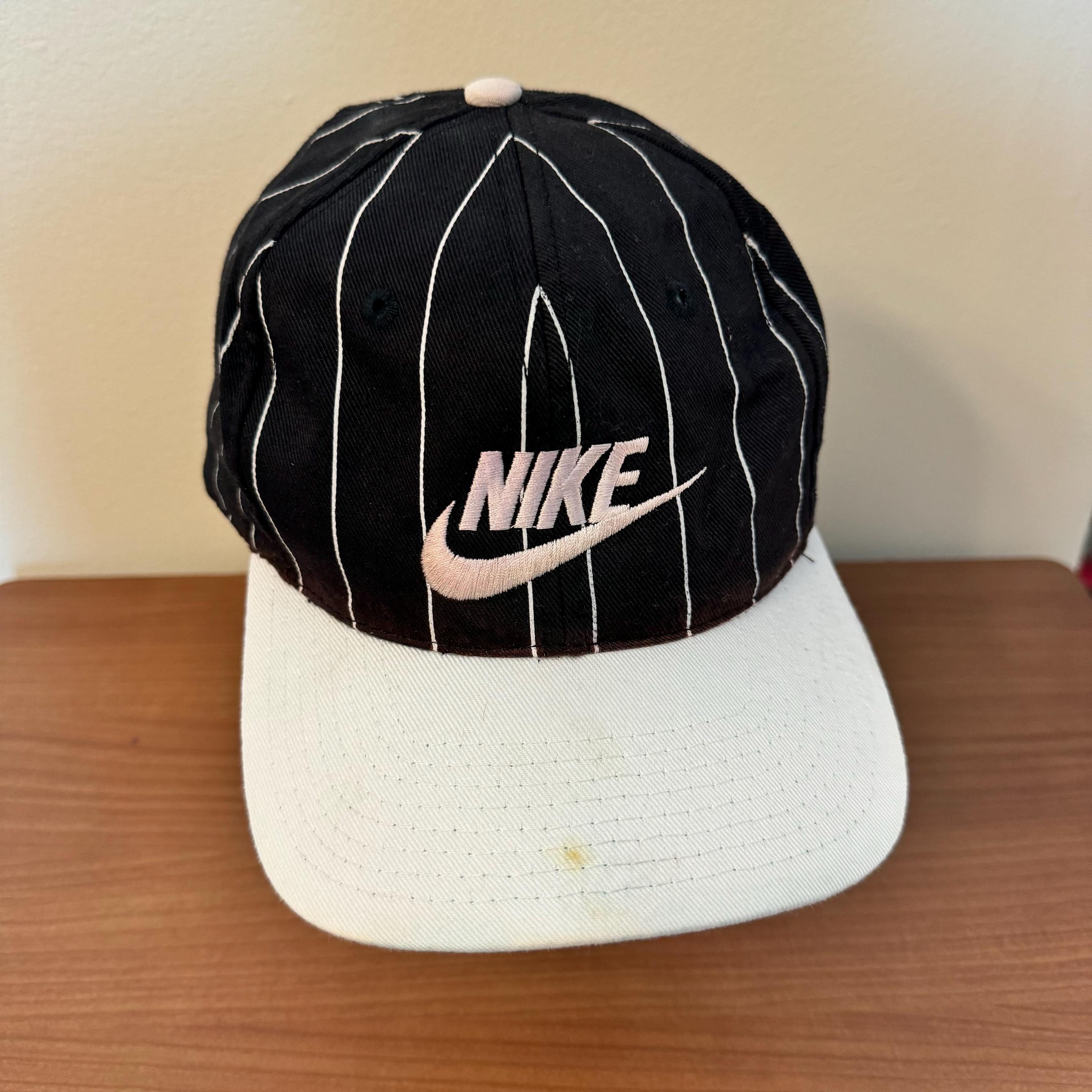Vintage Nike Pinestripe Snapback Hat Adjustable Black White 90s